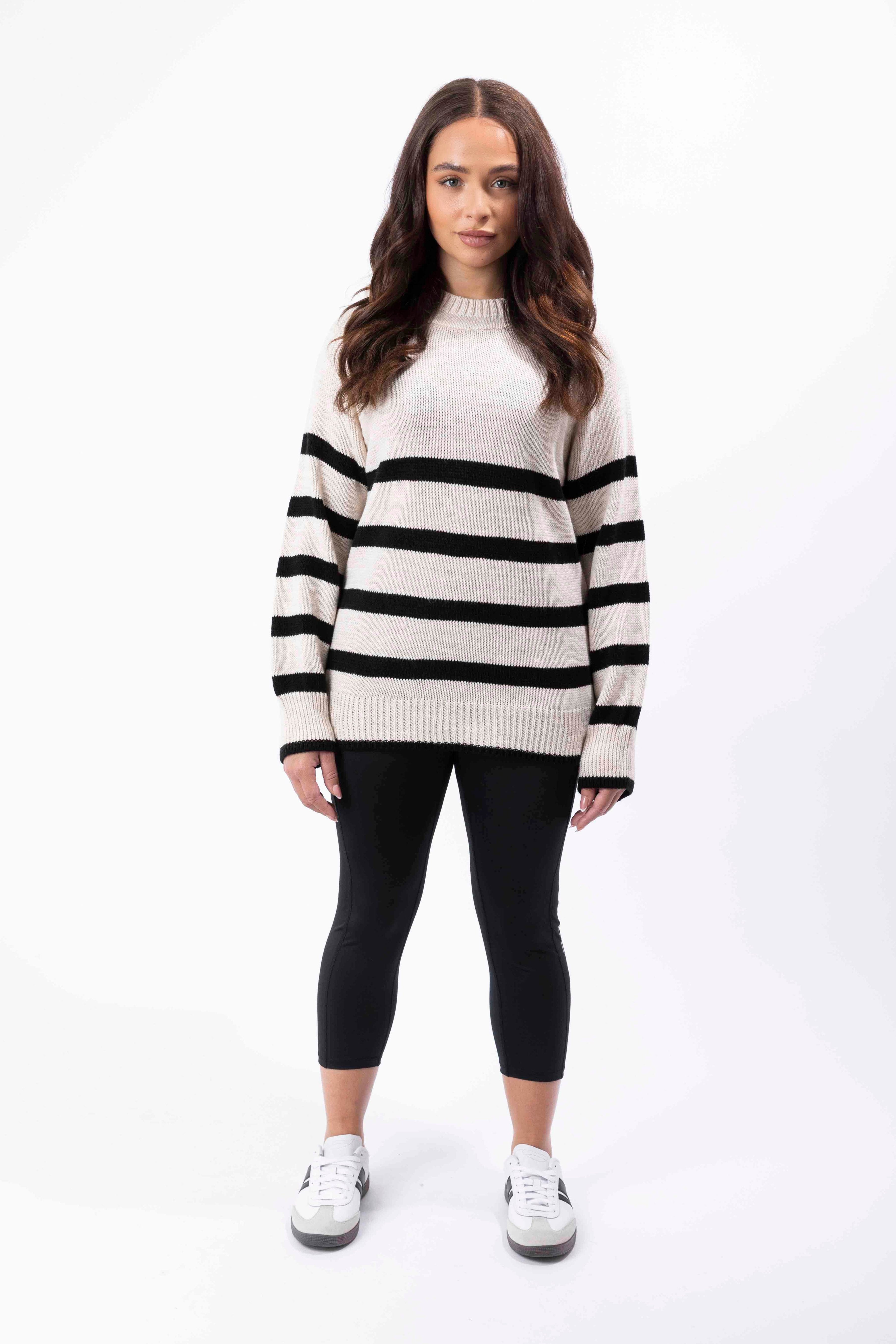 Stripy Knit High Neck Hoodie Jumper