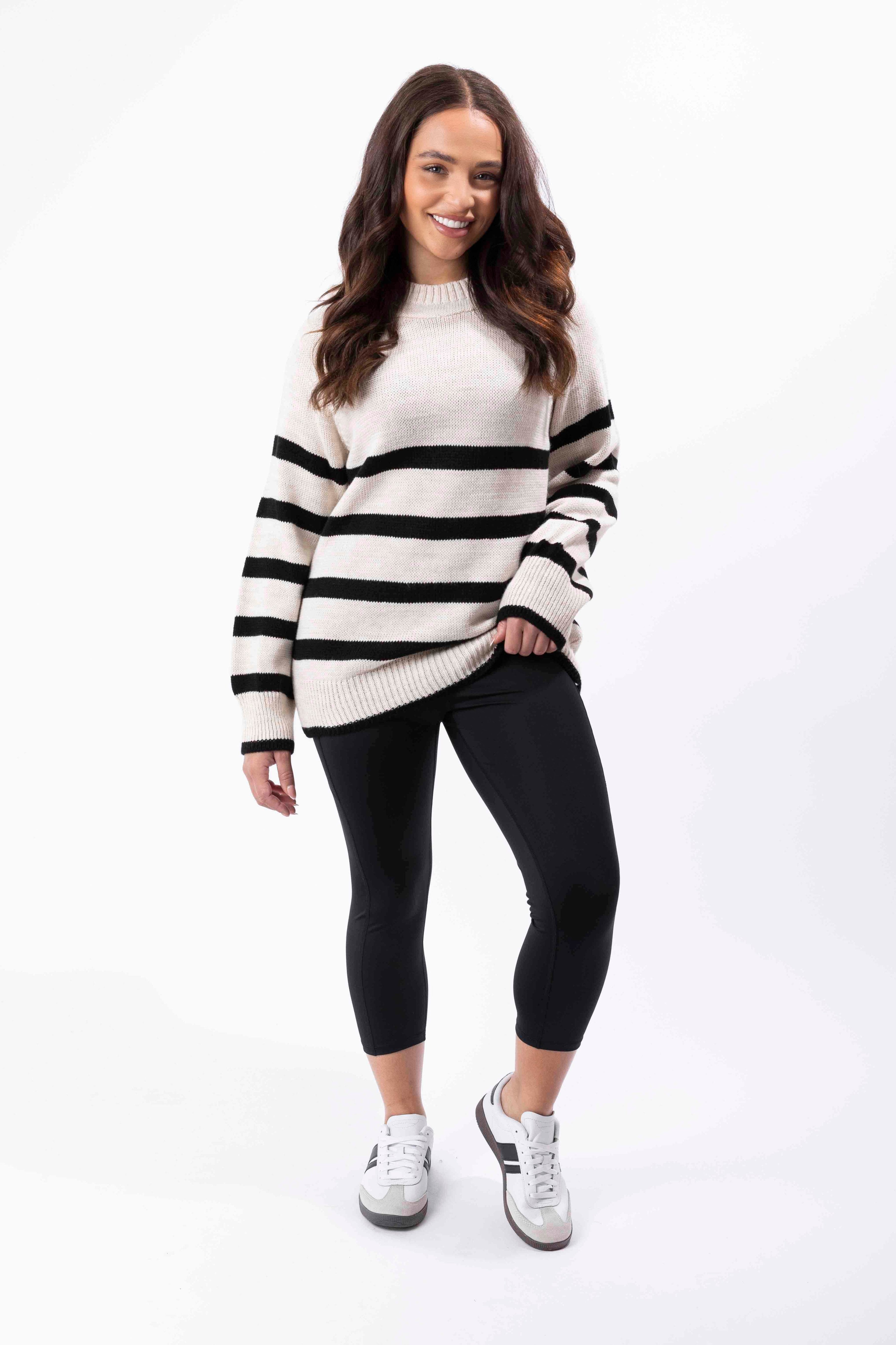 Stripy Knit High Neck Hoodie Jumper