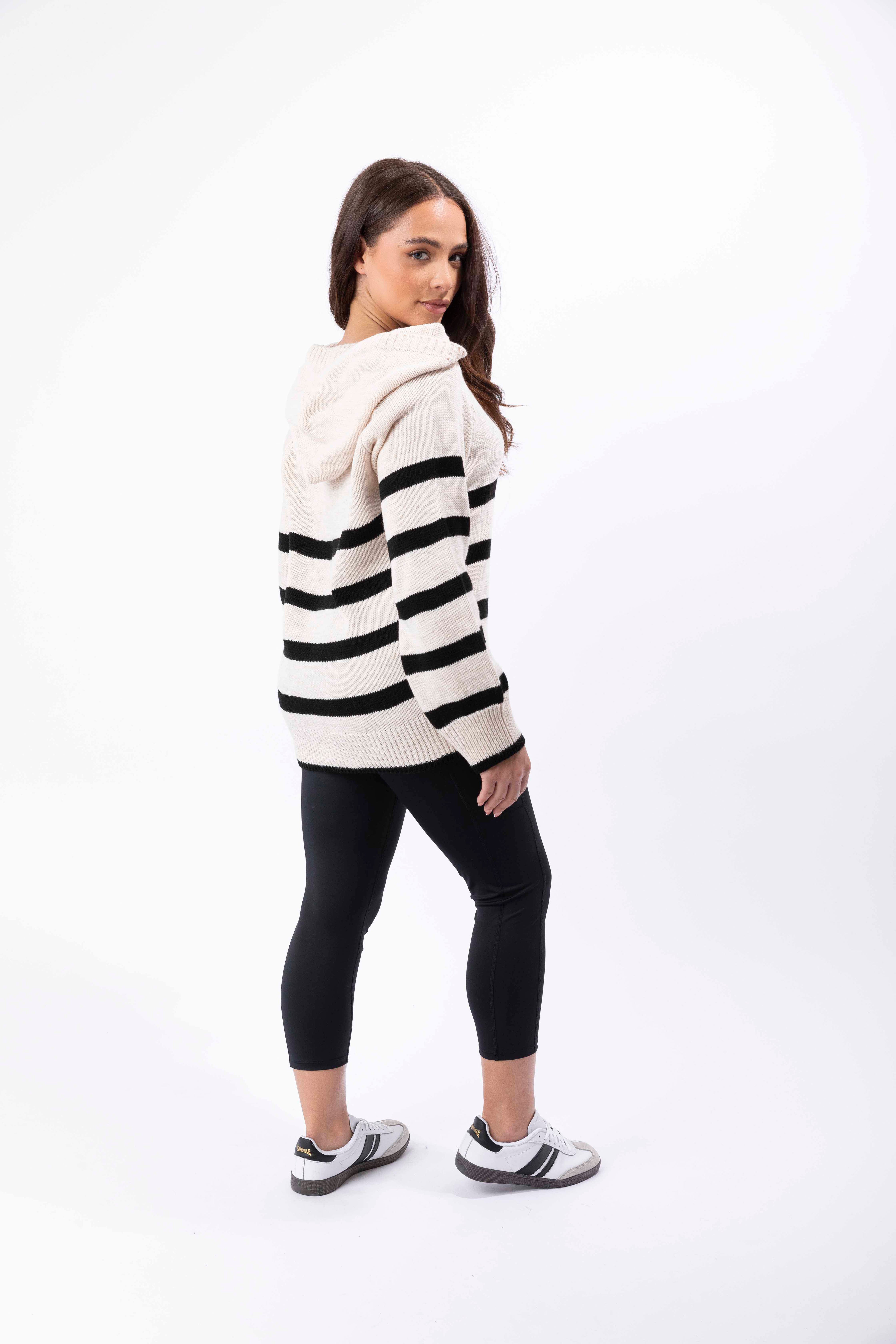 Stripy Knit High Neck Hoodie Jumper