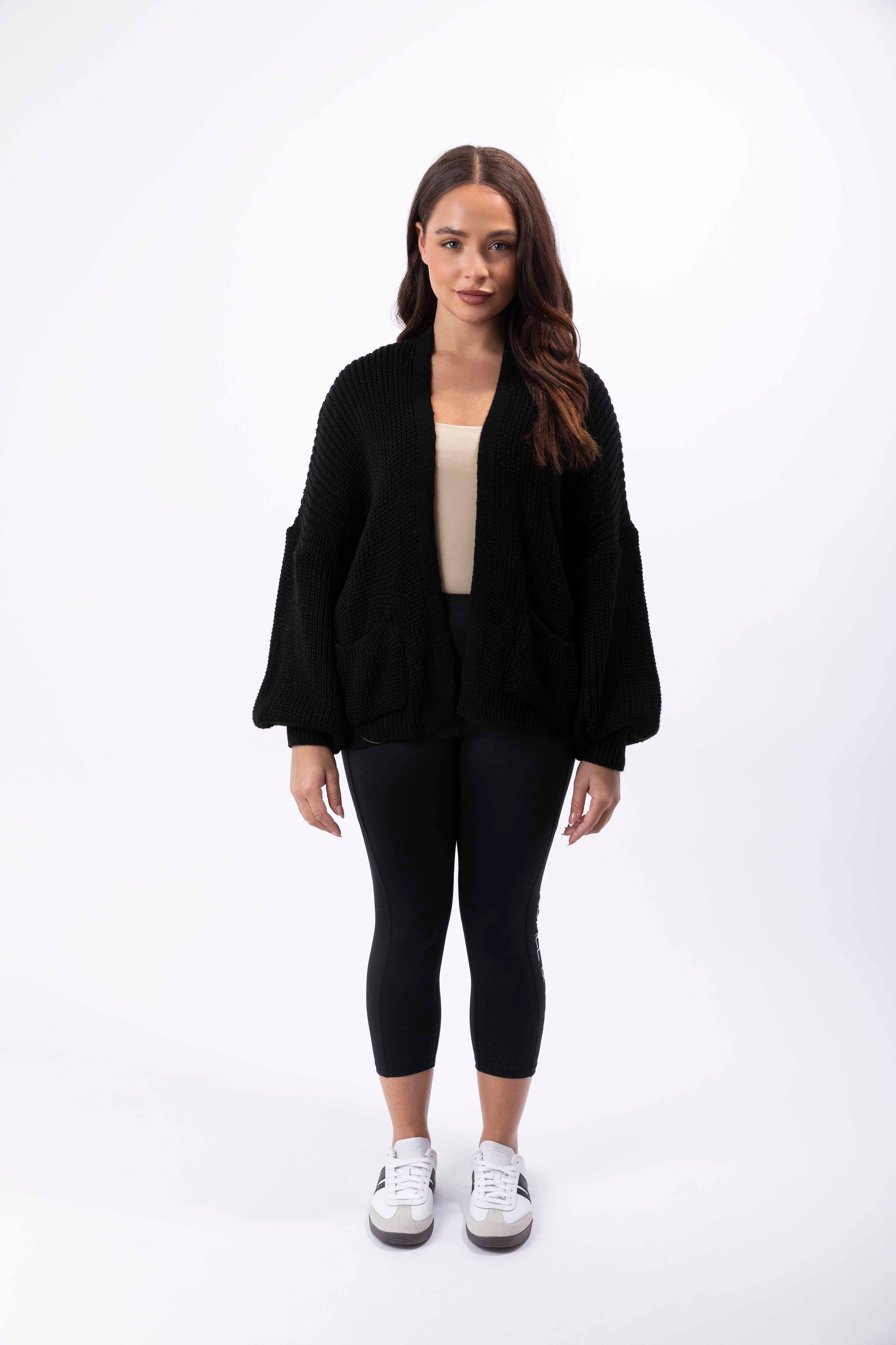 Fine Knit Side Pockets Open Front Cardigan