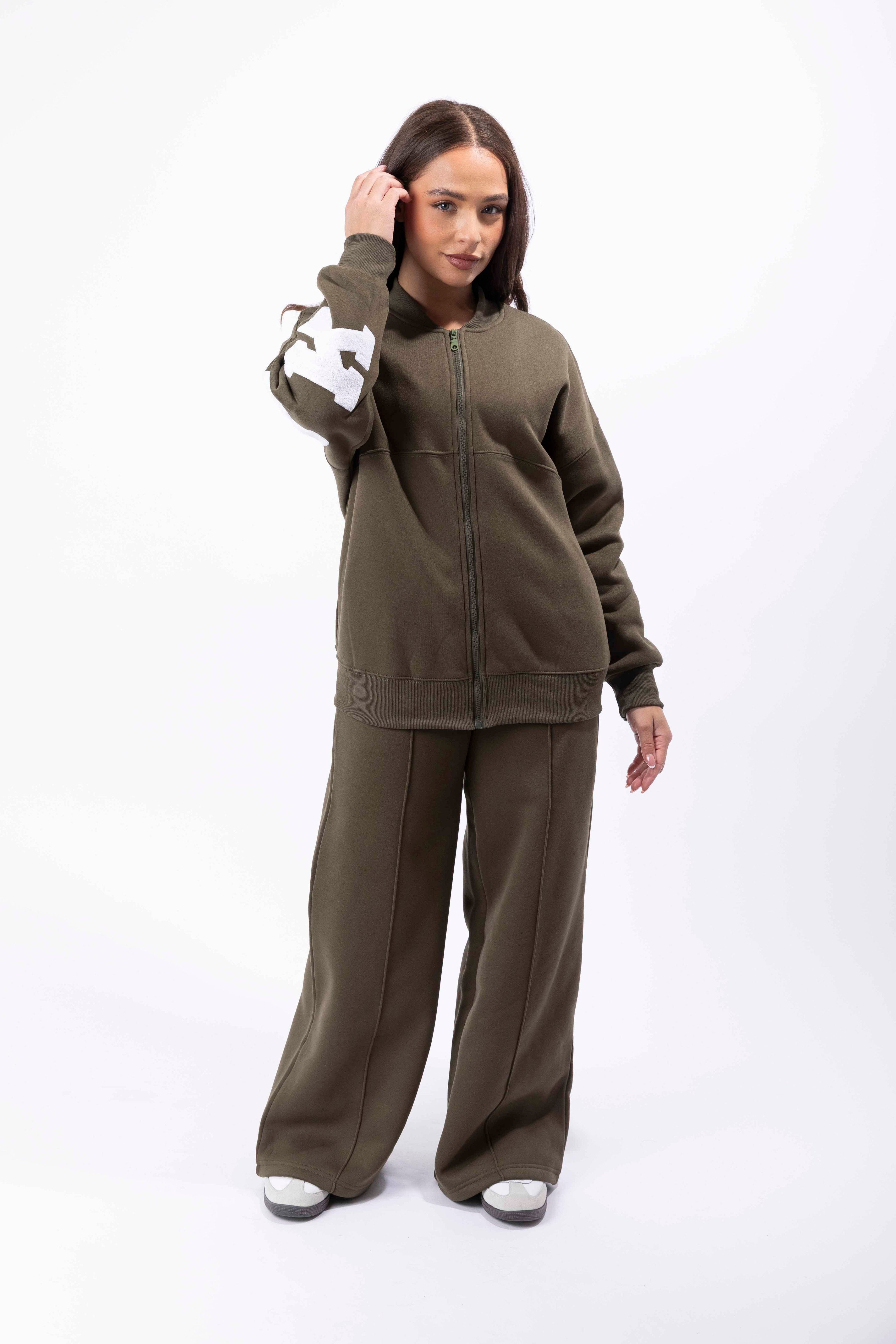 Embroidered Logo Fleeced Wide Leg Drawstring Joggers And Zip Long Hoodie