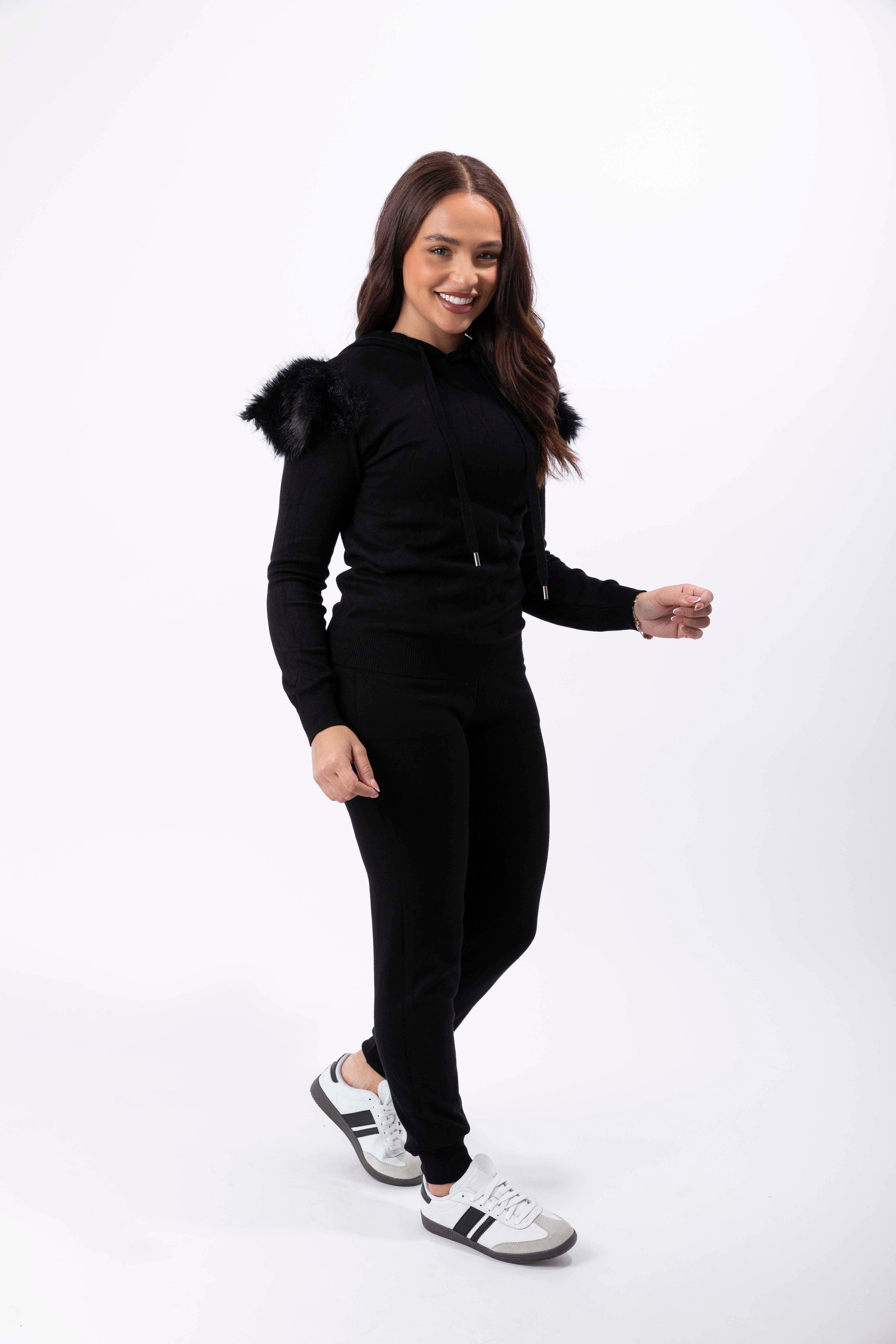 Viscose Blend Faux Fur Hem Hooded Sweatshirt And Leggings Loungewear Set