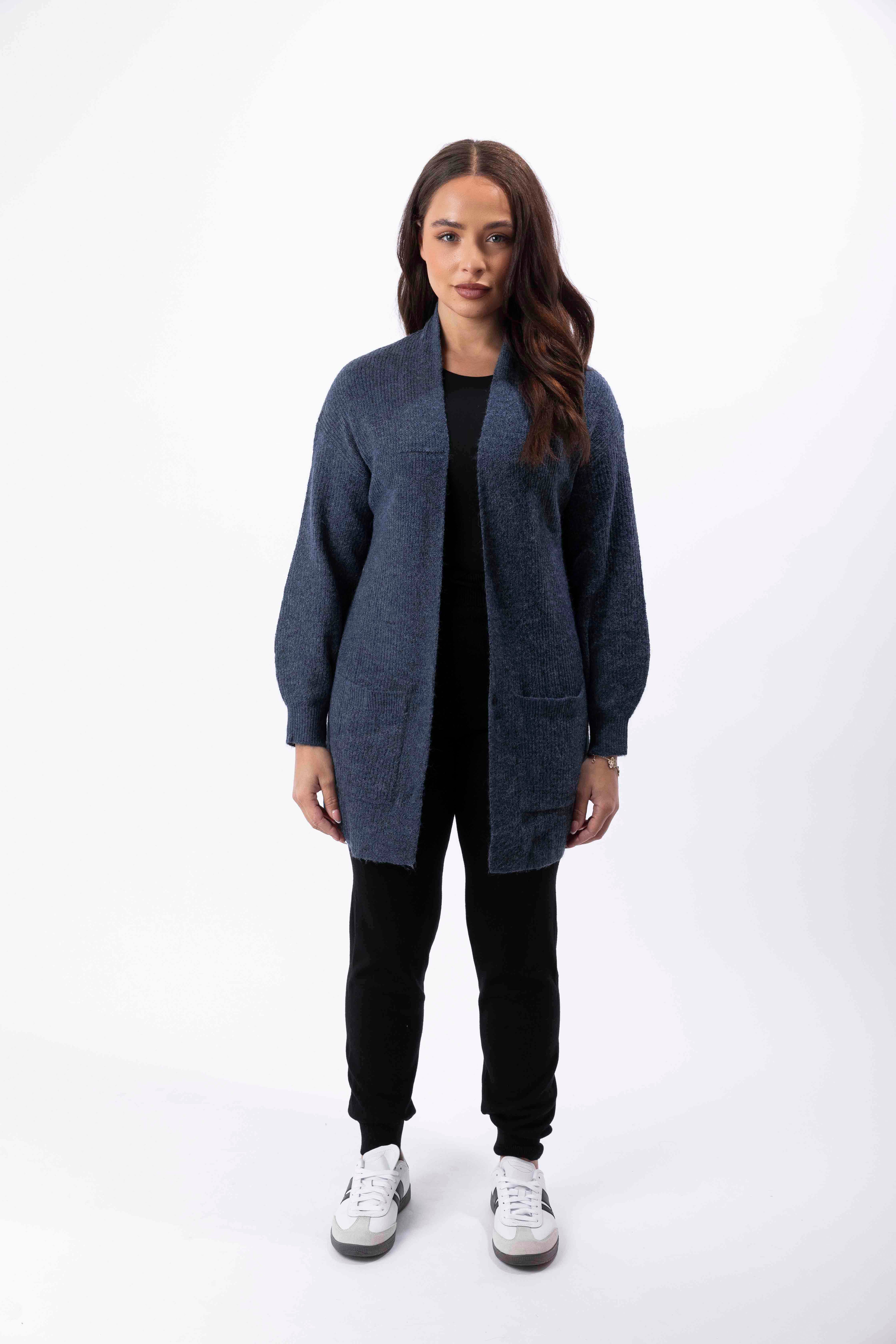 Open Front Chunky Knit Large Pocket Stretchy Longline Cardigan-SinglePrice