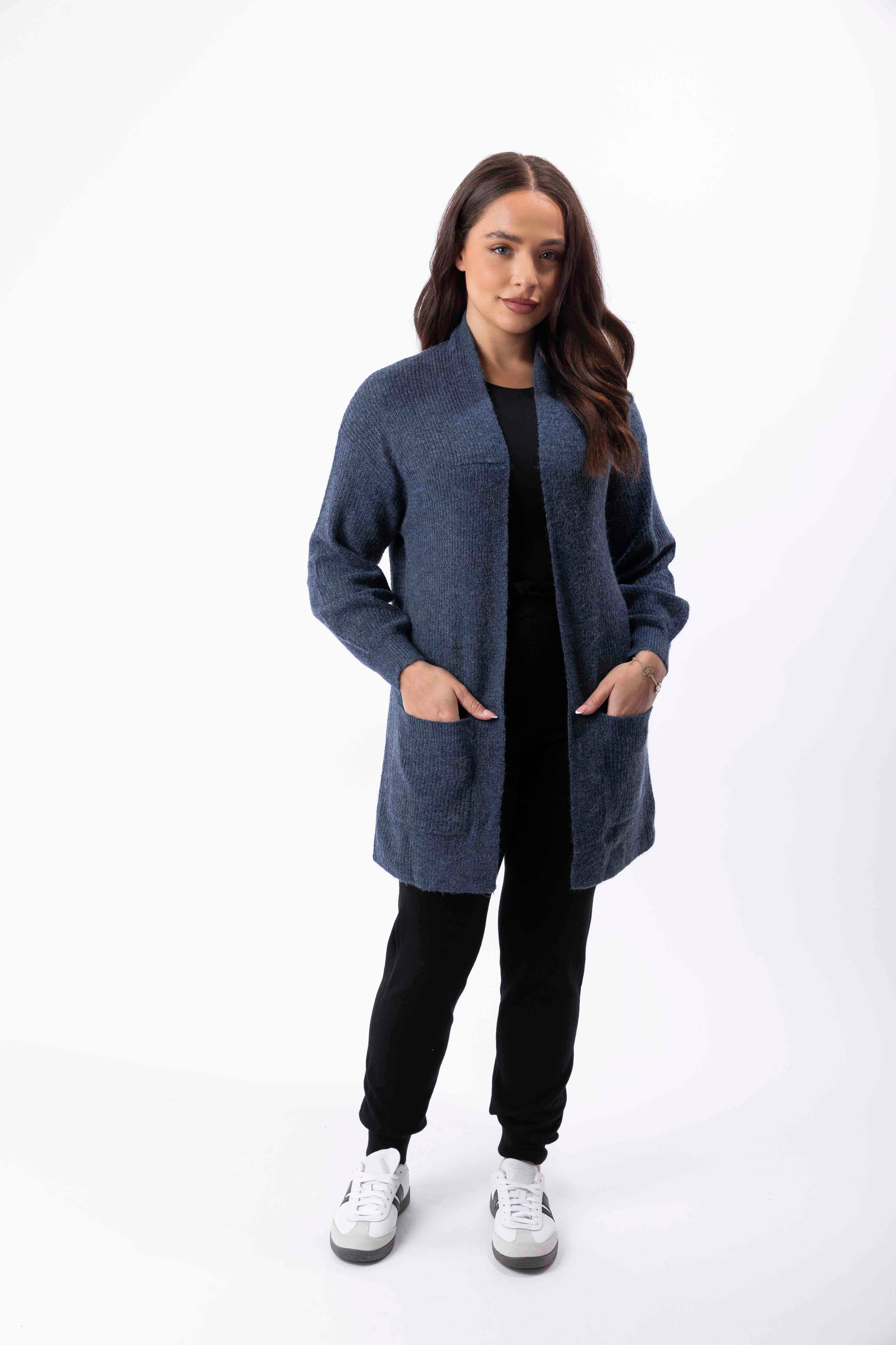 Open Front Chunky Knit Large Pocket Stretchy Longline Cardigan-SinglePrice