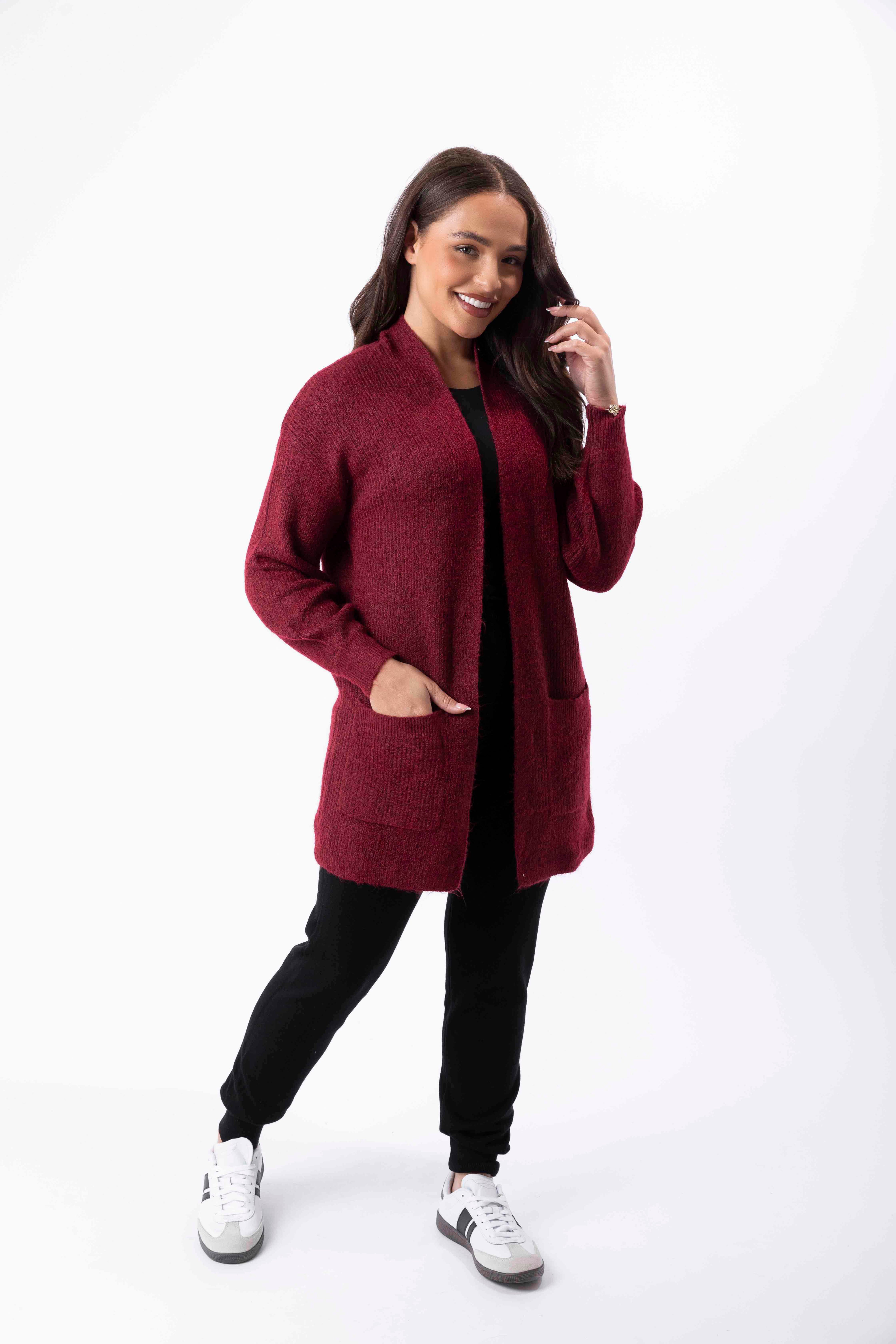 Open Front Chunky Knit Large Pocket Stretchy Longline Cardigan-SinglePrice