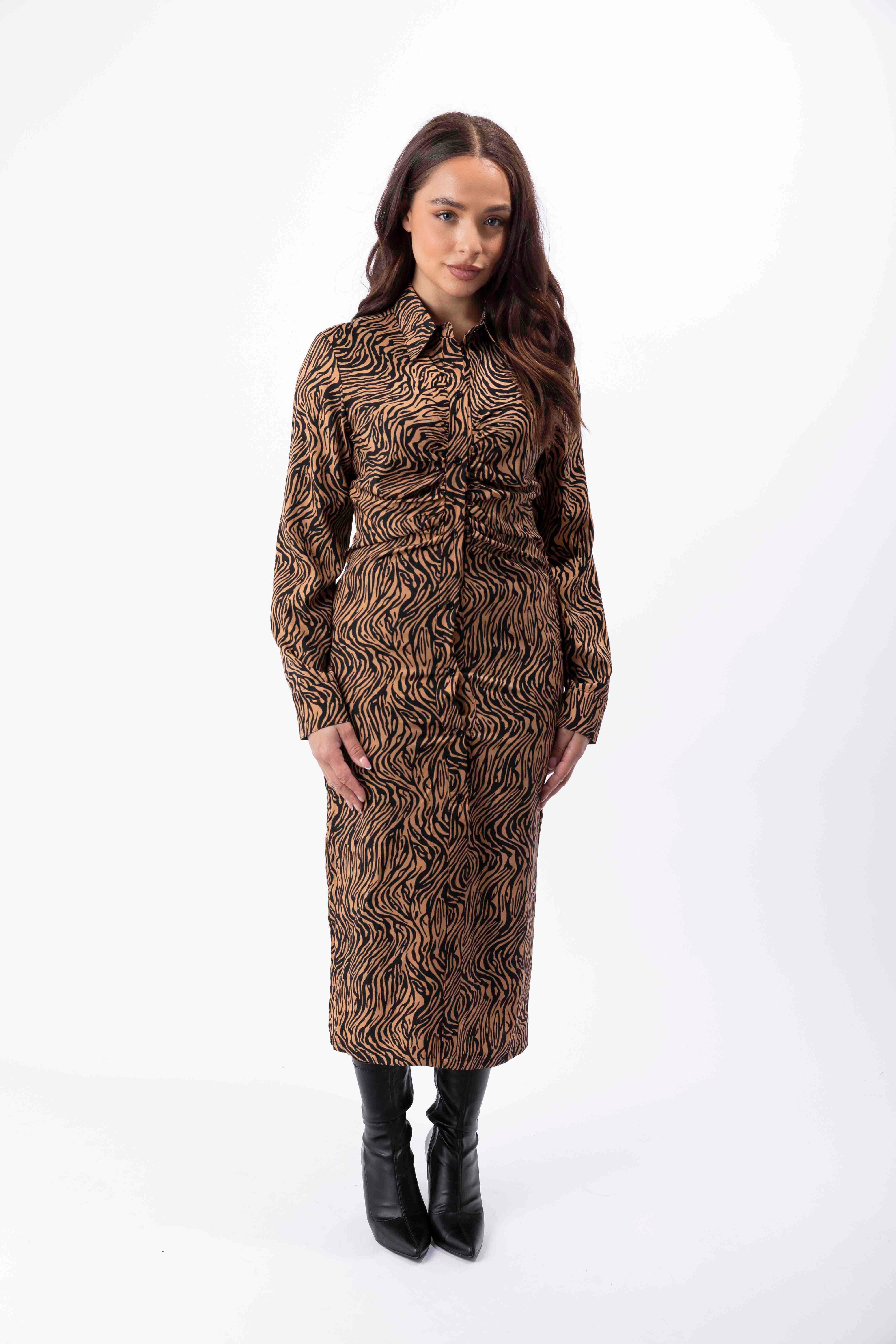 Printed Ruched Button Down Elegant Shirt Dress