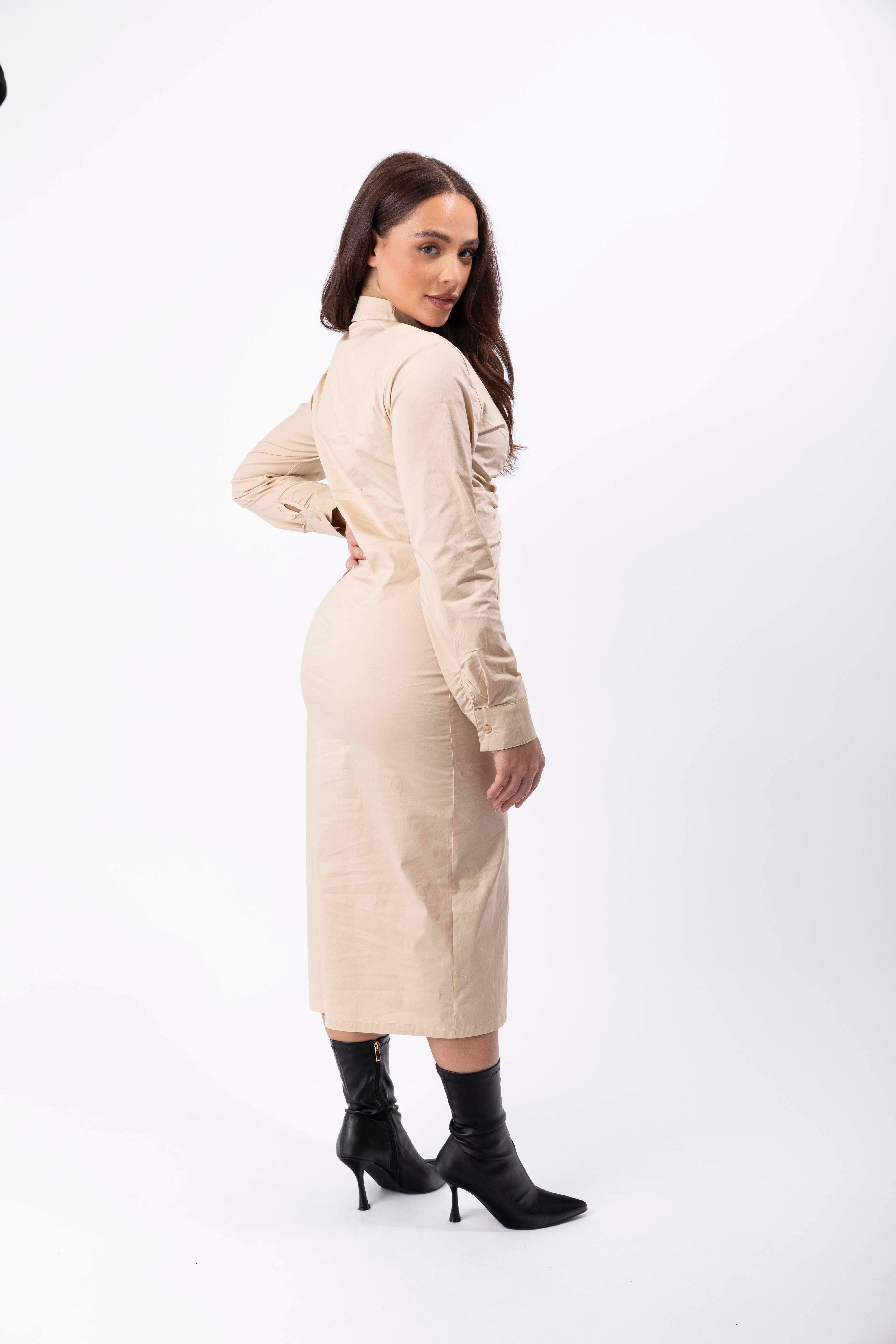 Plain Ruched Button Down Elegant Shirt Dress