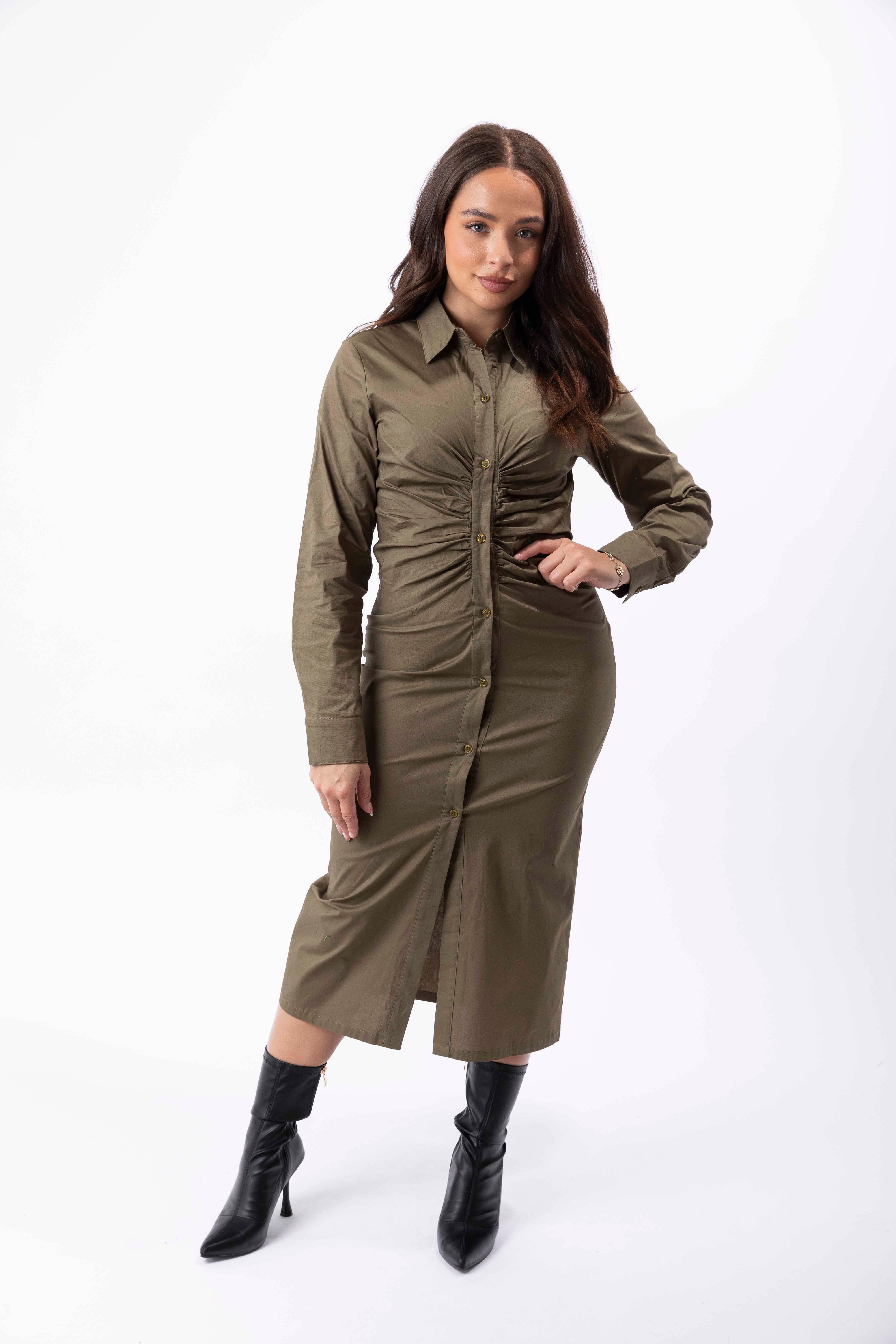 Plain Ruched Button Down Elegant Shirt Dress