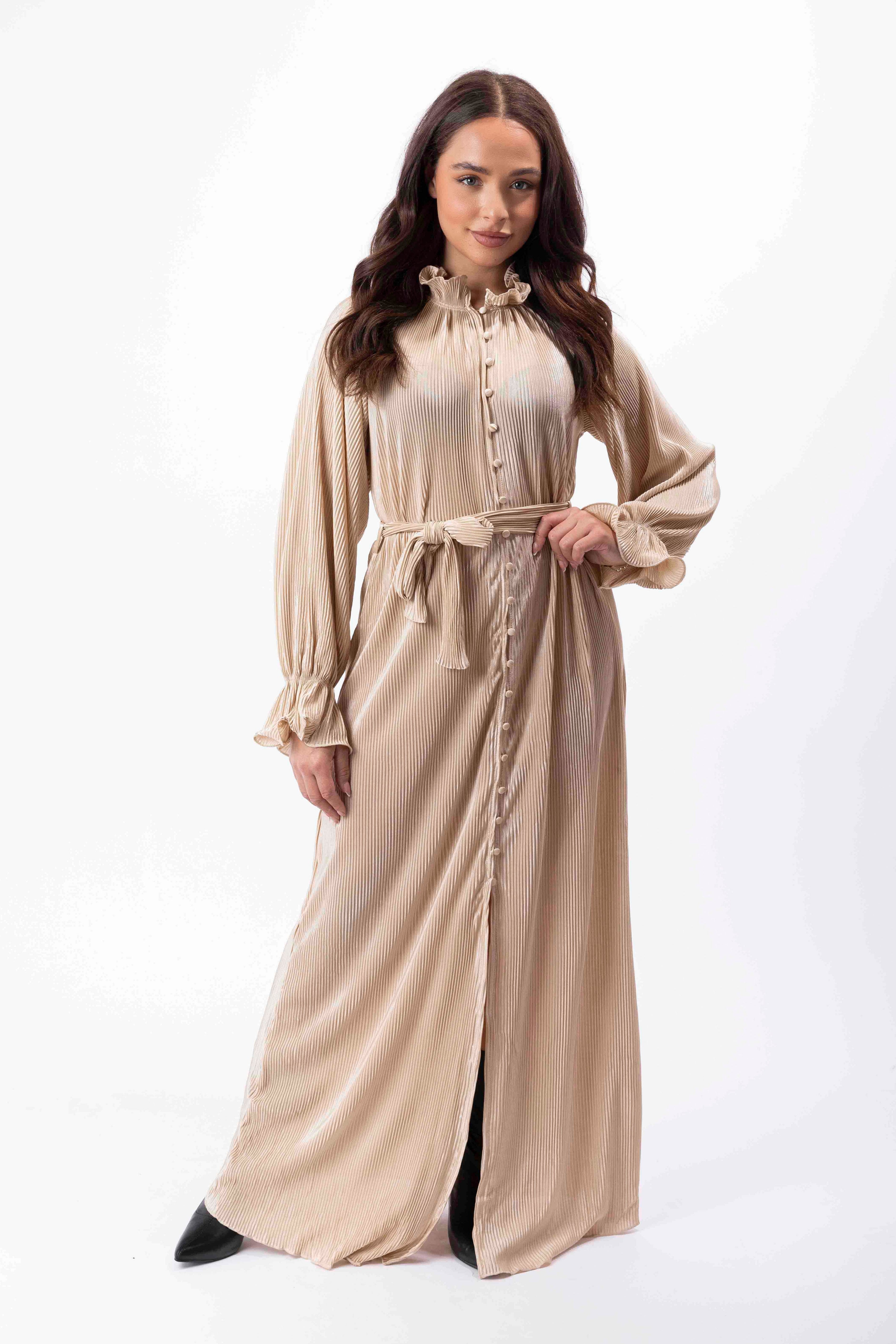 Satin Plisse Button Down Elegant Extra Long Tie Up Maxi Dress