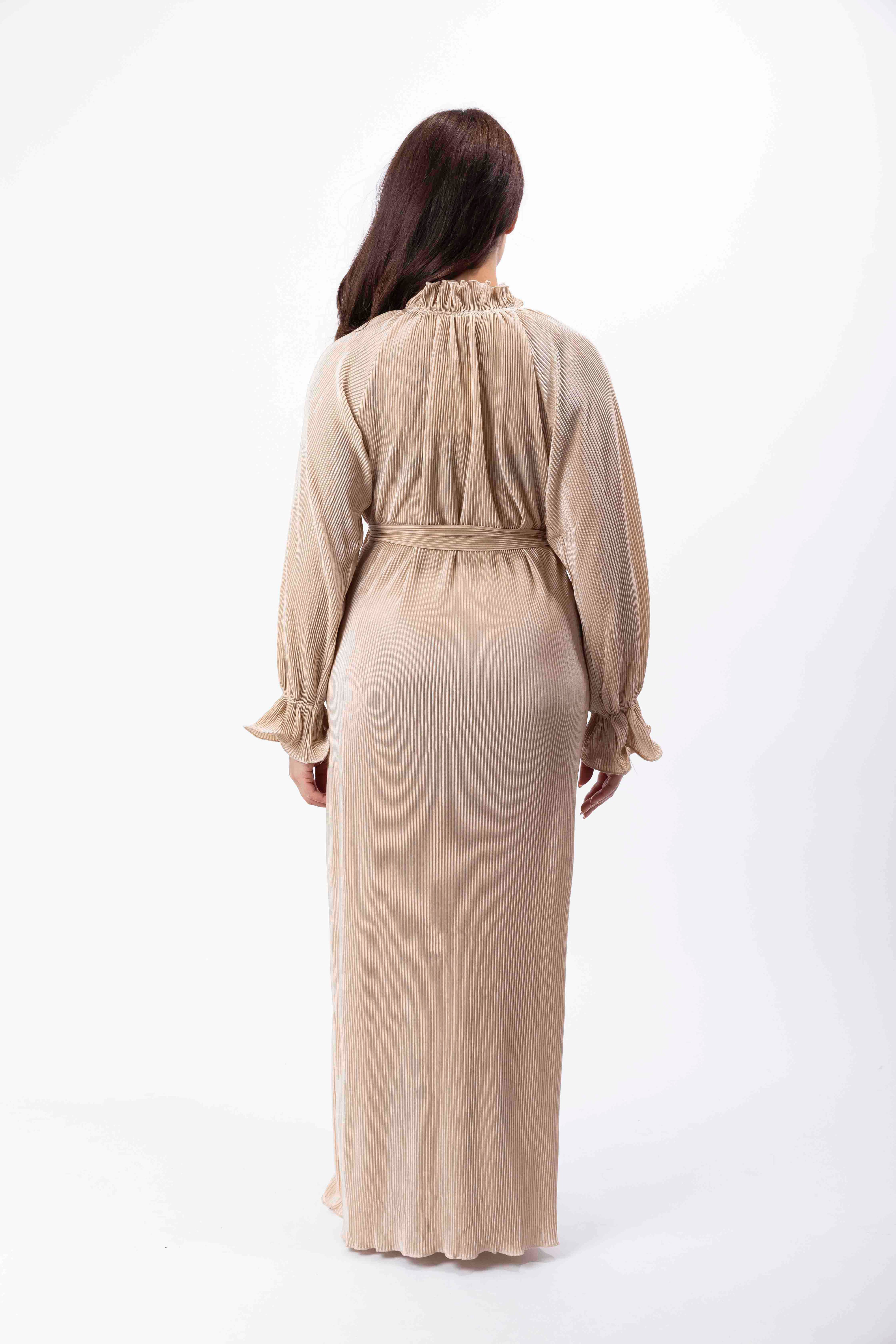 Satin Plisse Button Down Elegant Extra Long Tie Up Maxi Dress