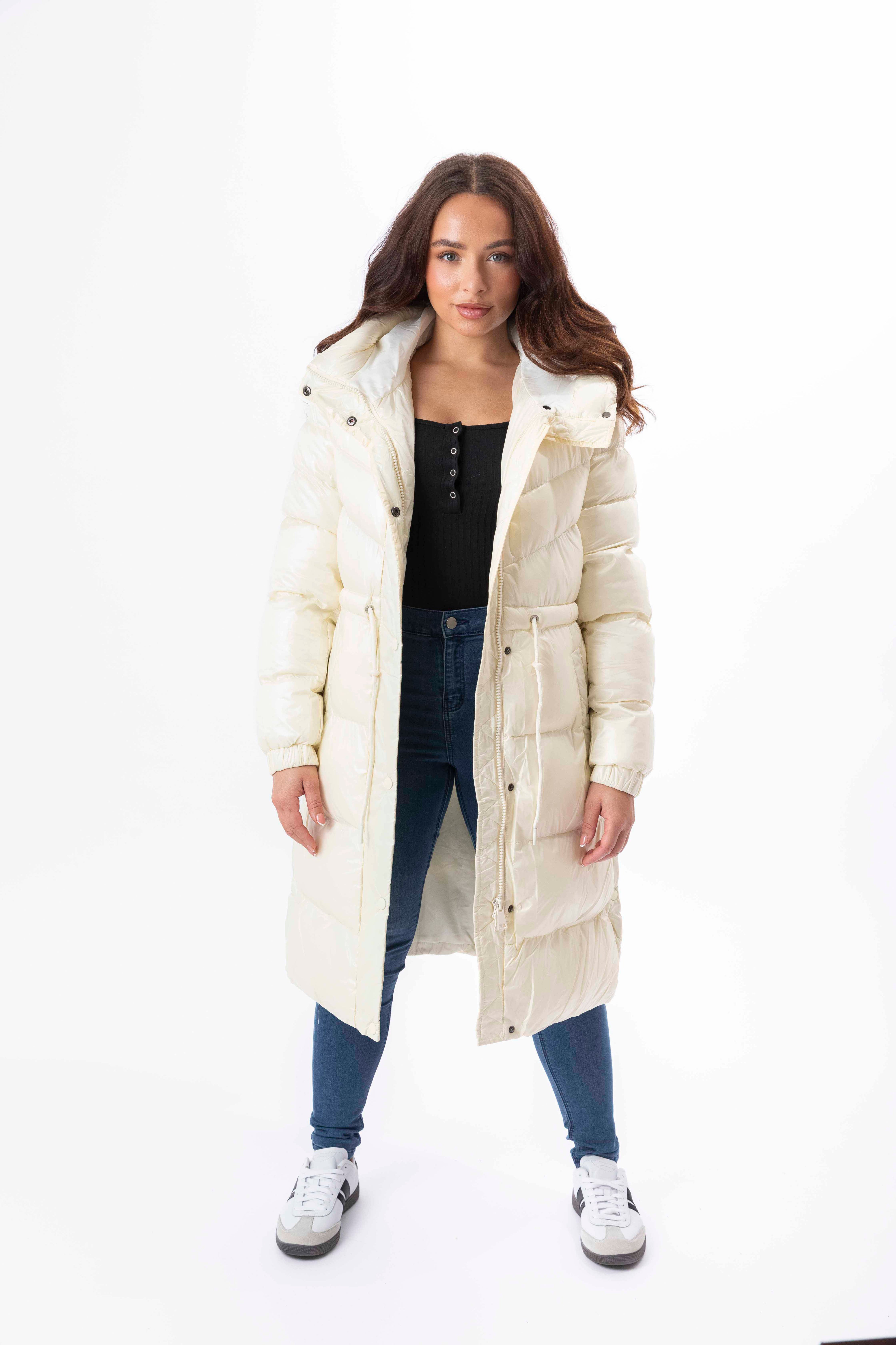 High Sheen Padded Drawstring Waist Hooded Puffer Coat