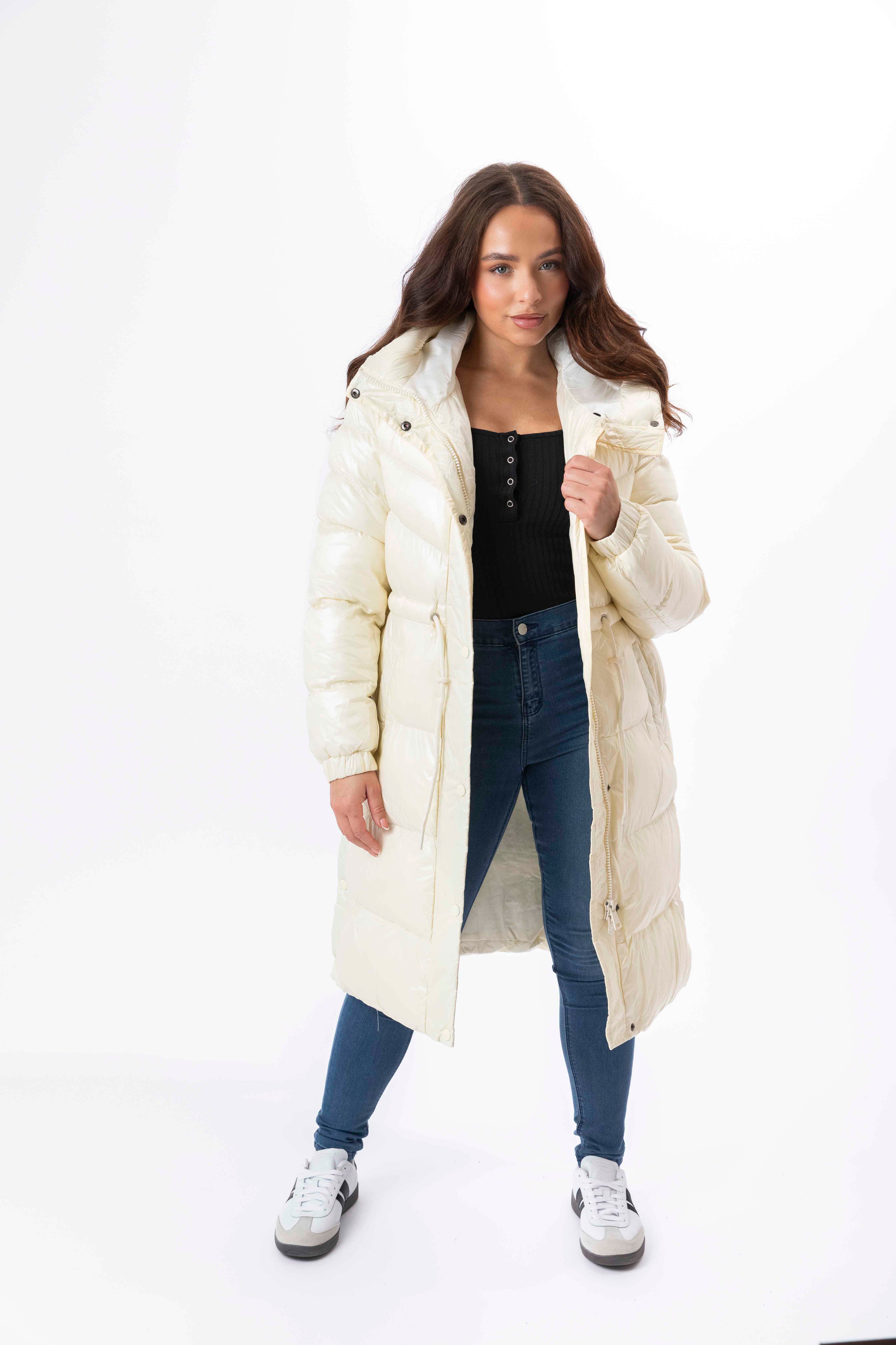 High Sheen Padded Drawstring Waist Hooded Puffer Coat