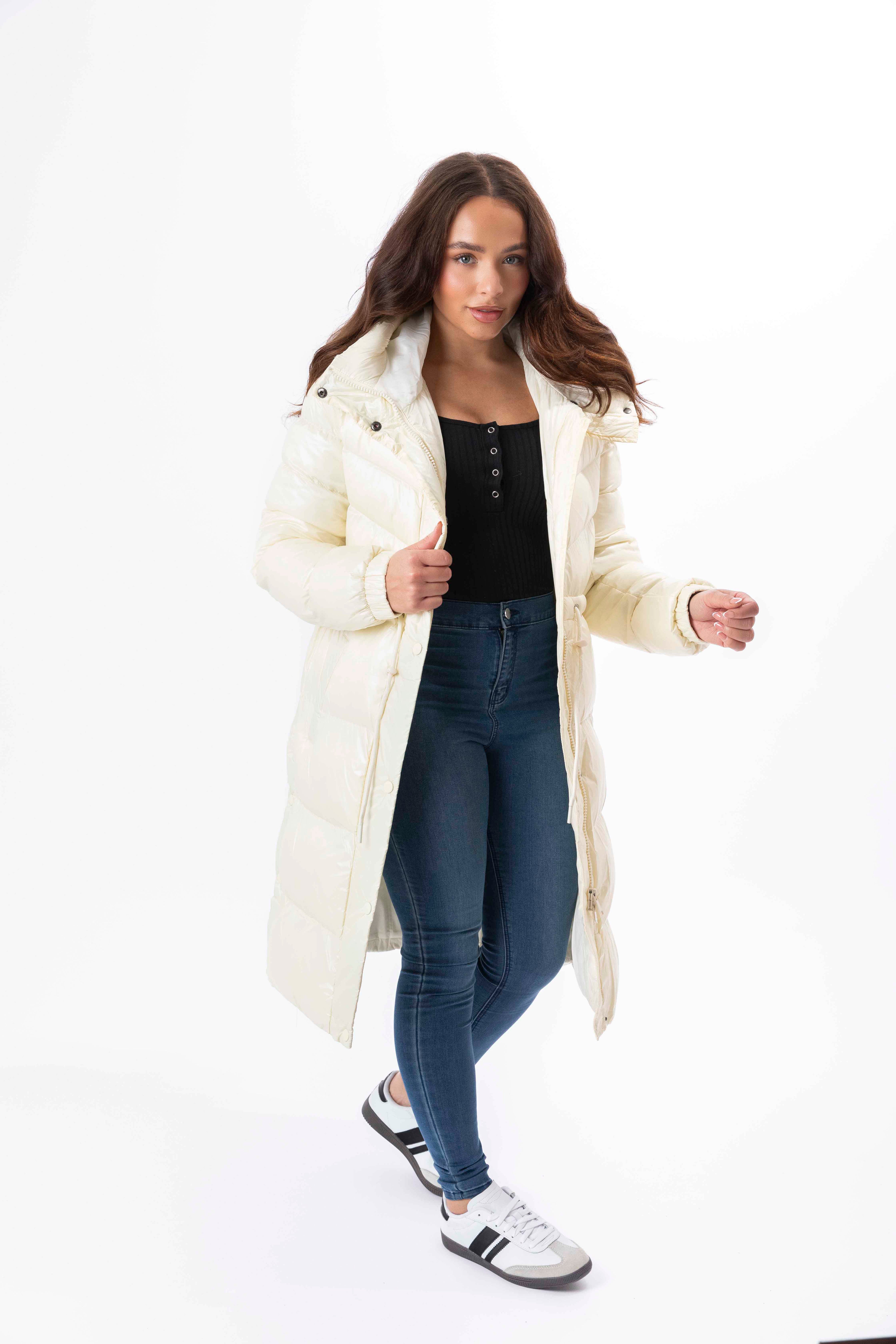 High Sheen Padded Drawstring Waist Hooded Puffer Coat