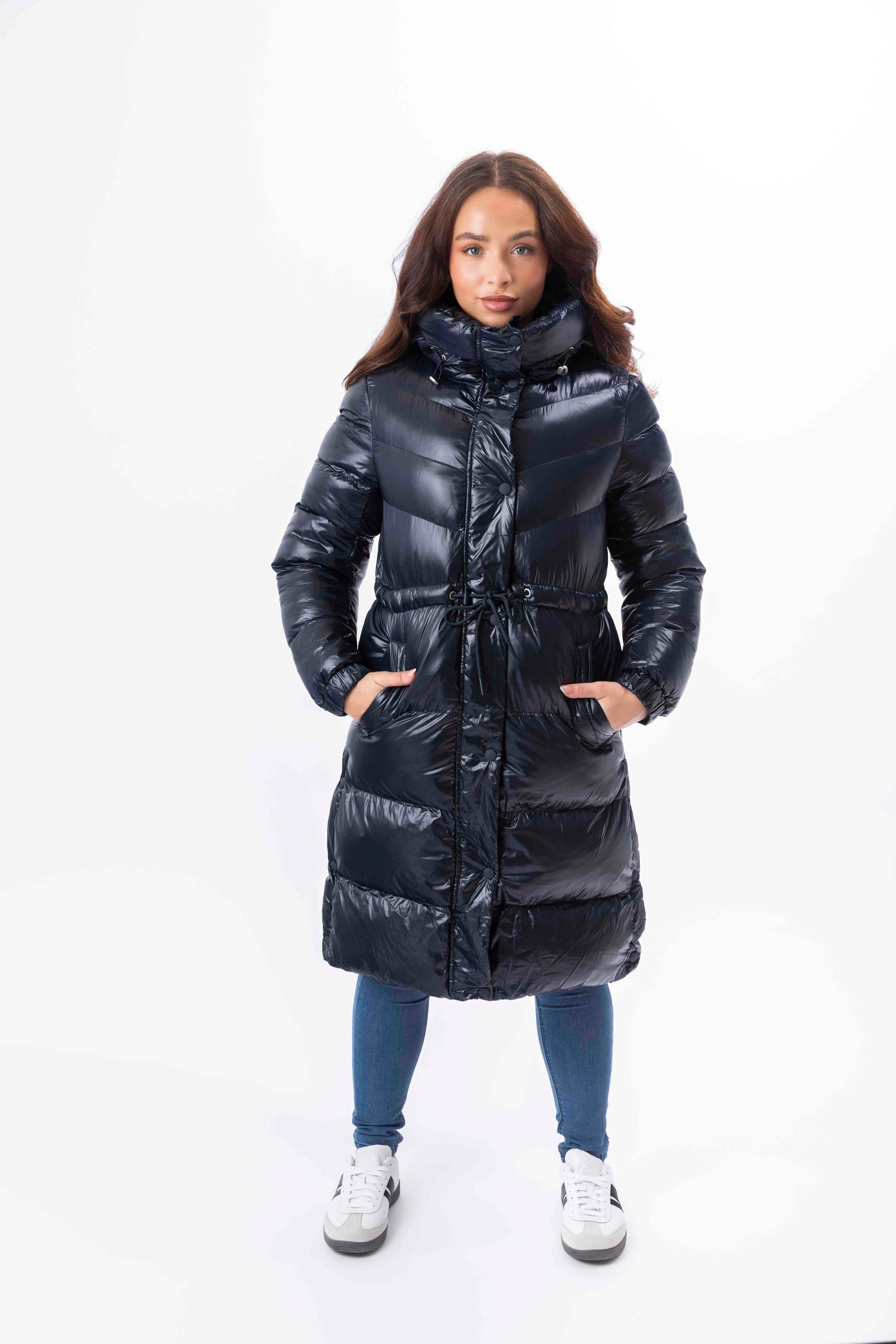 High Sheen Padded Drawstring Waist Hooded Puffer Coat