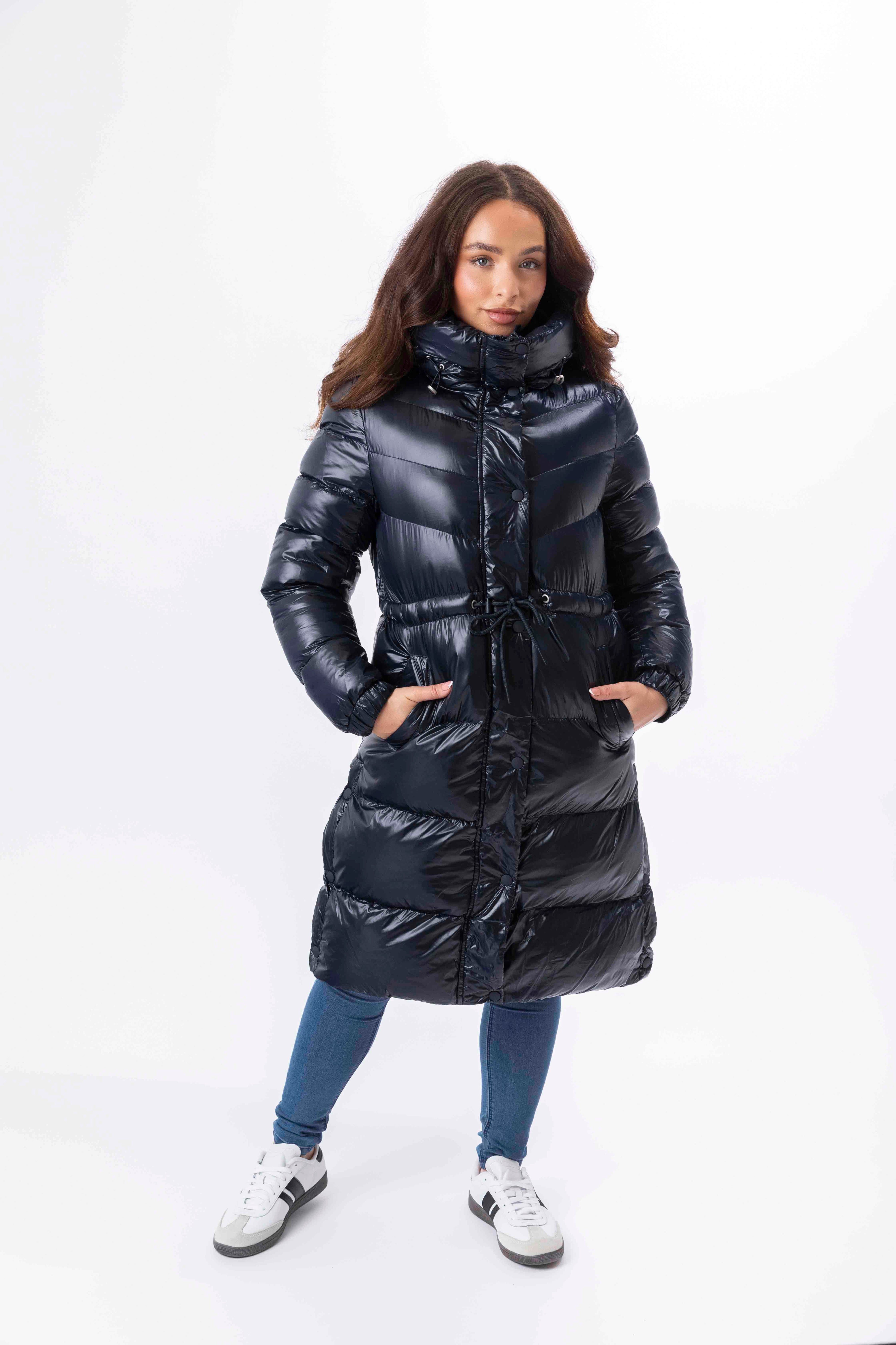 High Sheen Padded Drawstring Waist Hooded Puffer Coat