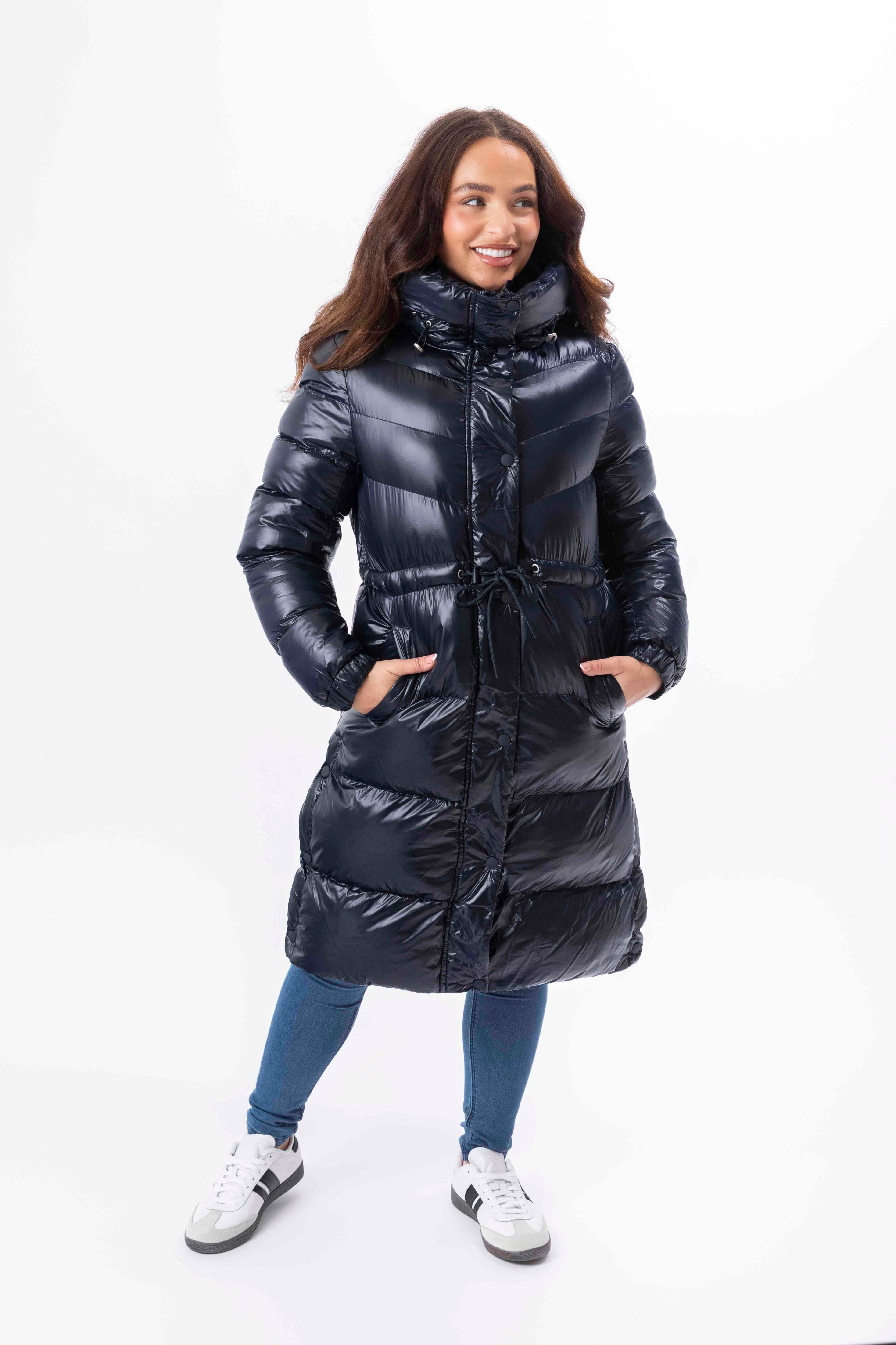 High Sheen Padded Drawstring Waist Hooded Puffer Coat