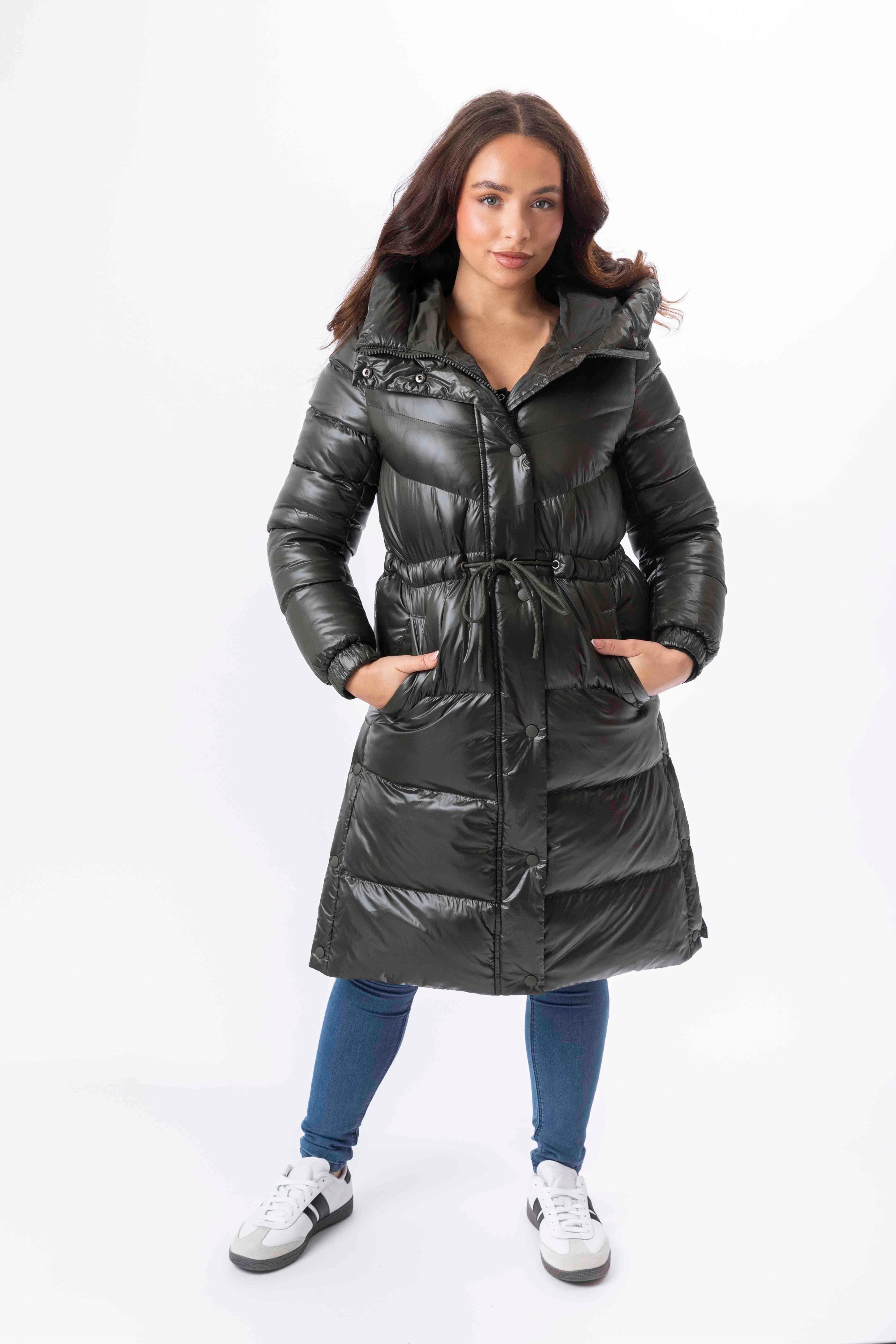 High Sheen Padded Drawstring Waist Hooded Puffer Coat