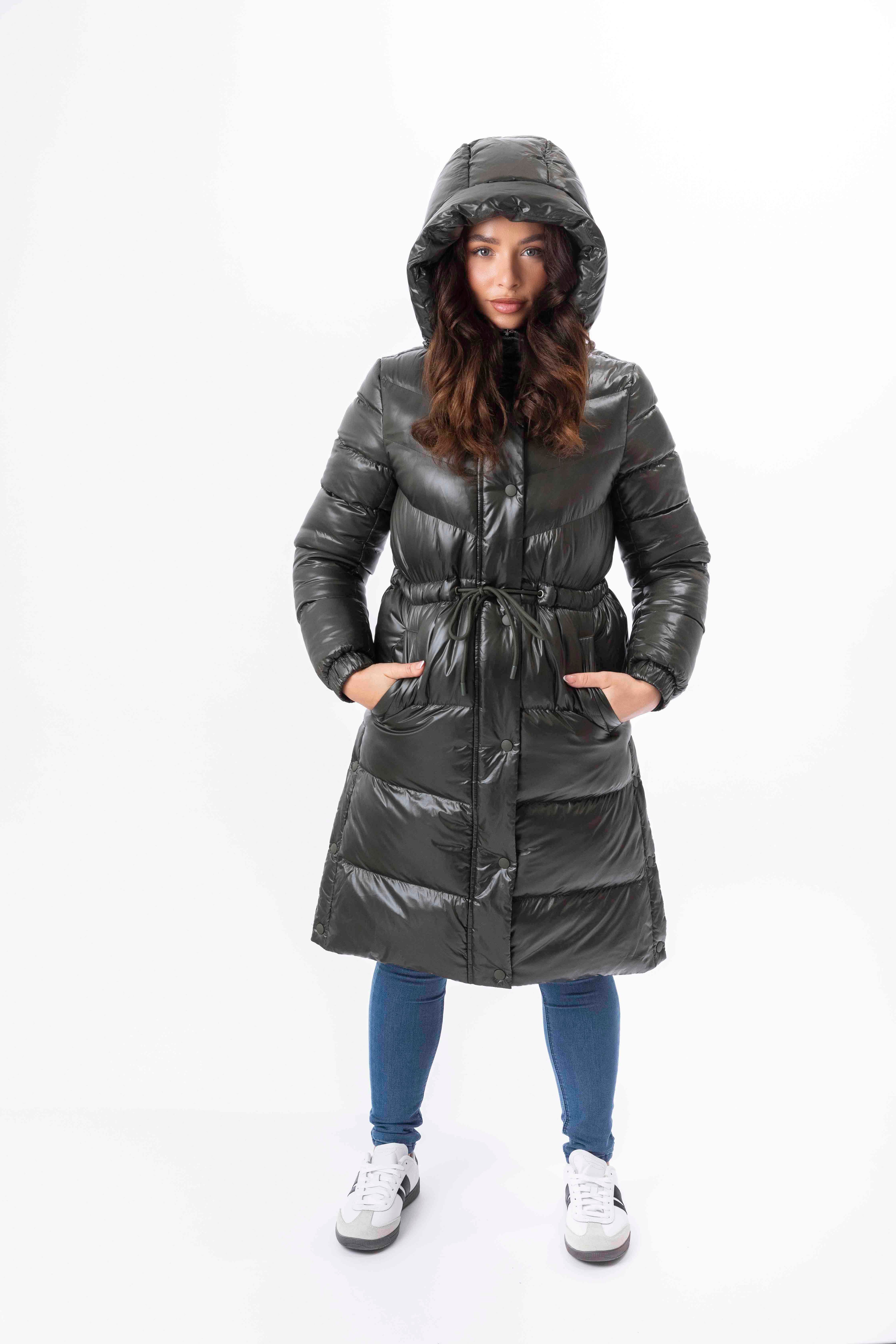 High Sheen Padded Drawstring Waist Hooded Puffer Coat