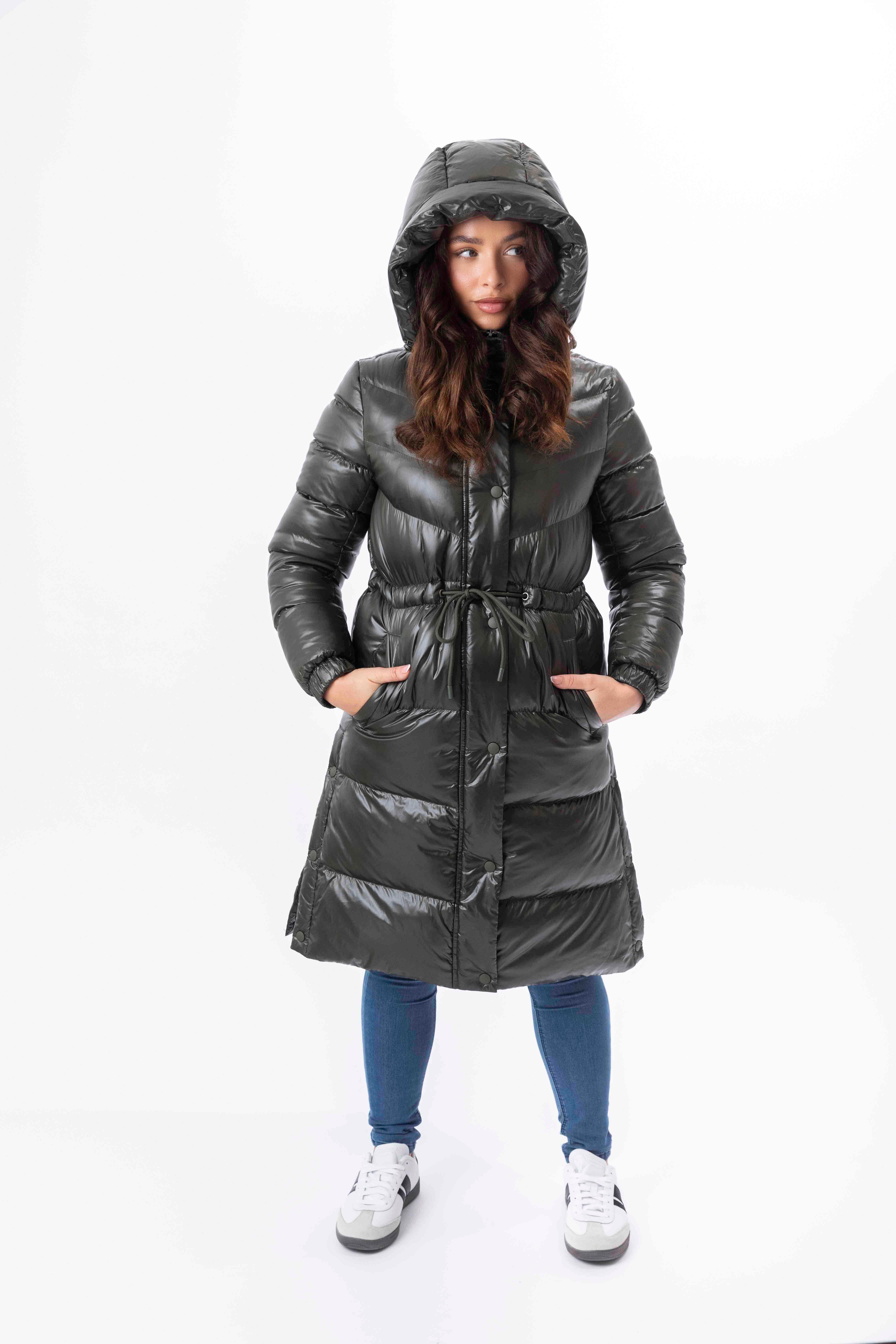 High Sheen Padded Drawstring Waist Hooded Puffer Coat