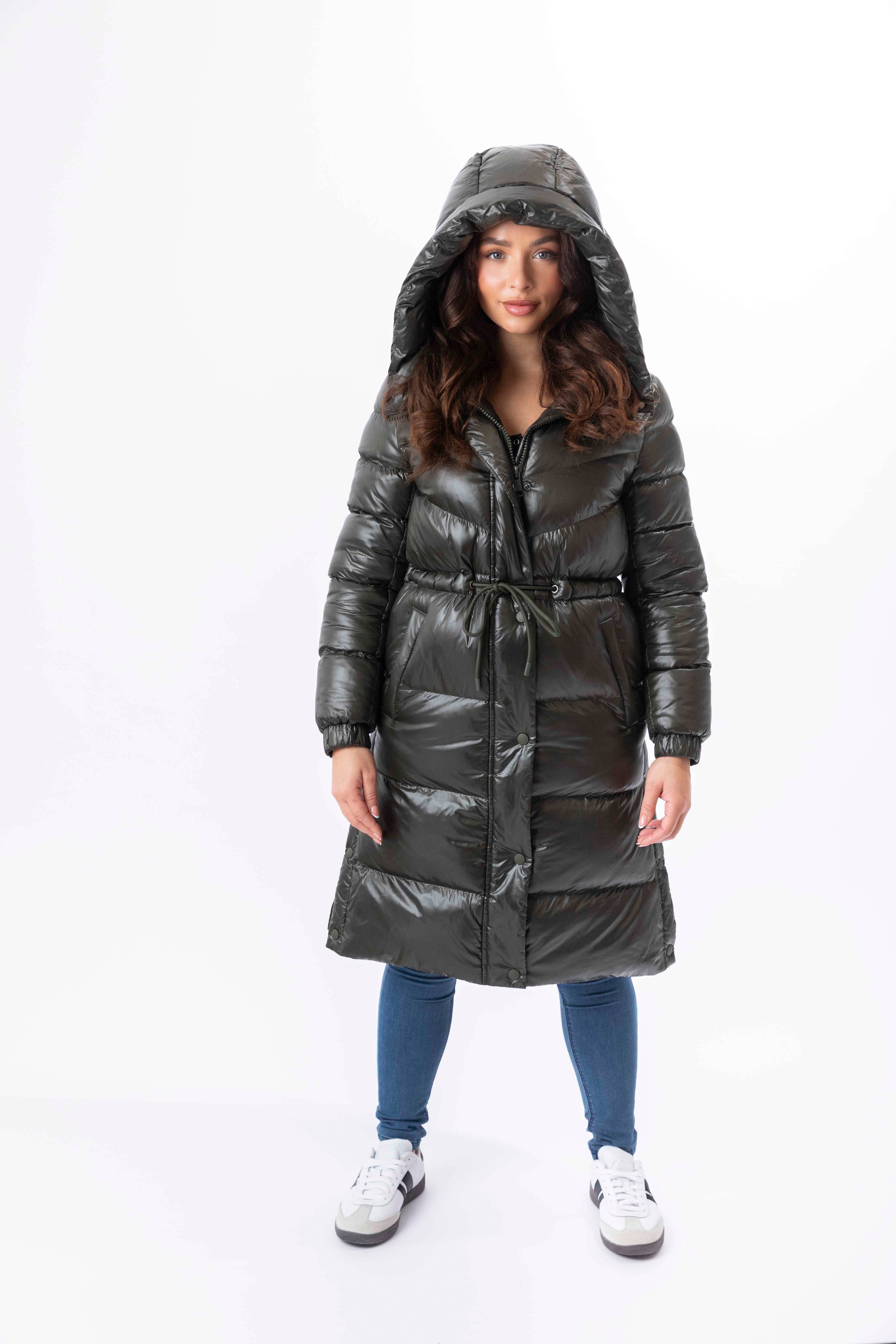 High Sheen Padded Drawstring Waist Hooded Puffer Coat