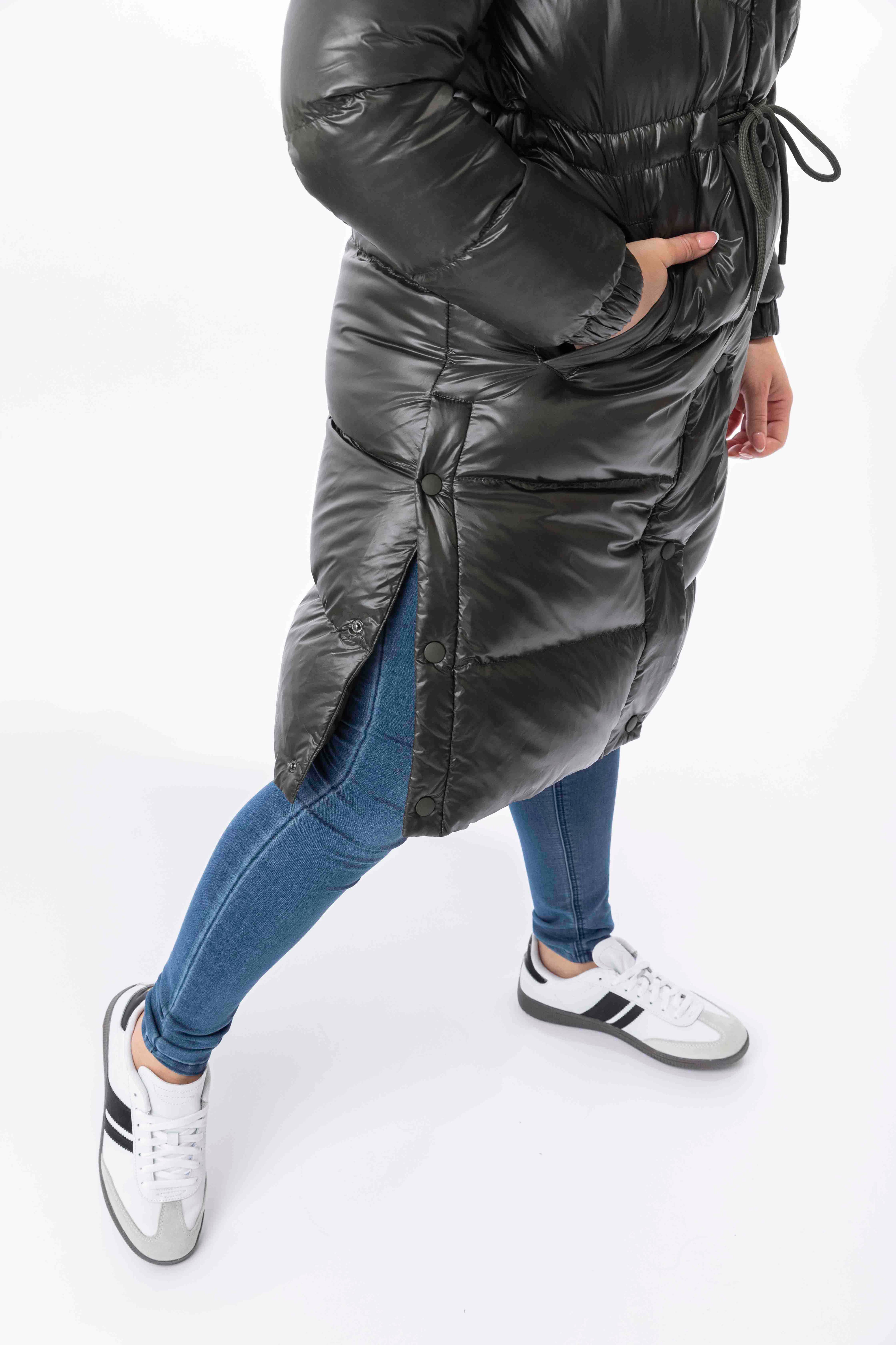 High Sheen Padded Drawstring Waist Hooded Puffer Coat