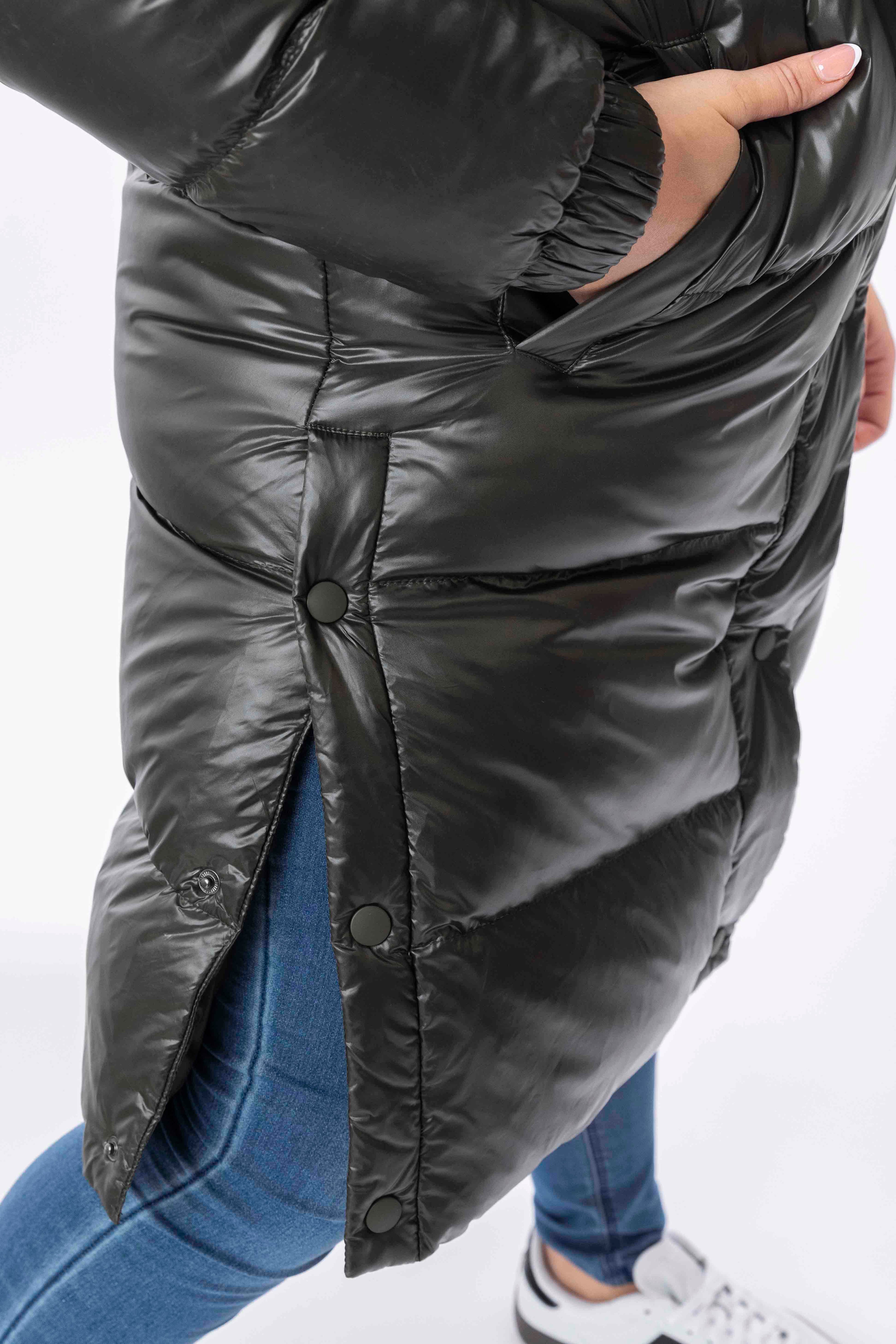 High Sheen Padded Drawstring Waist Hooded Puffer Coat