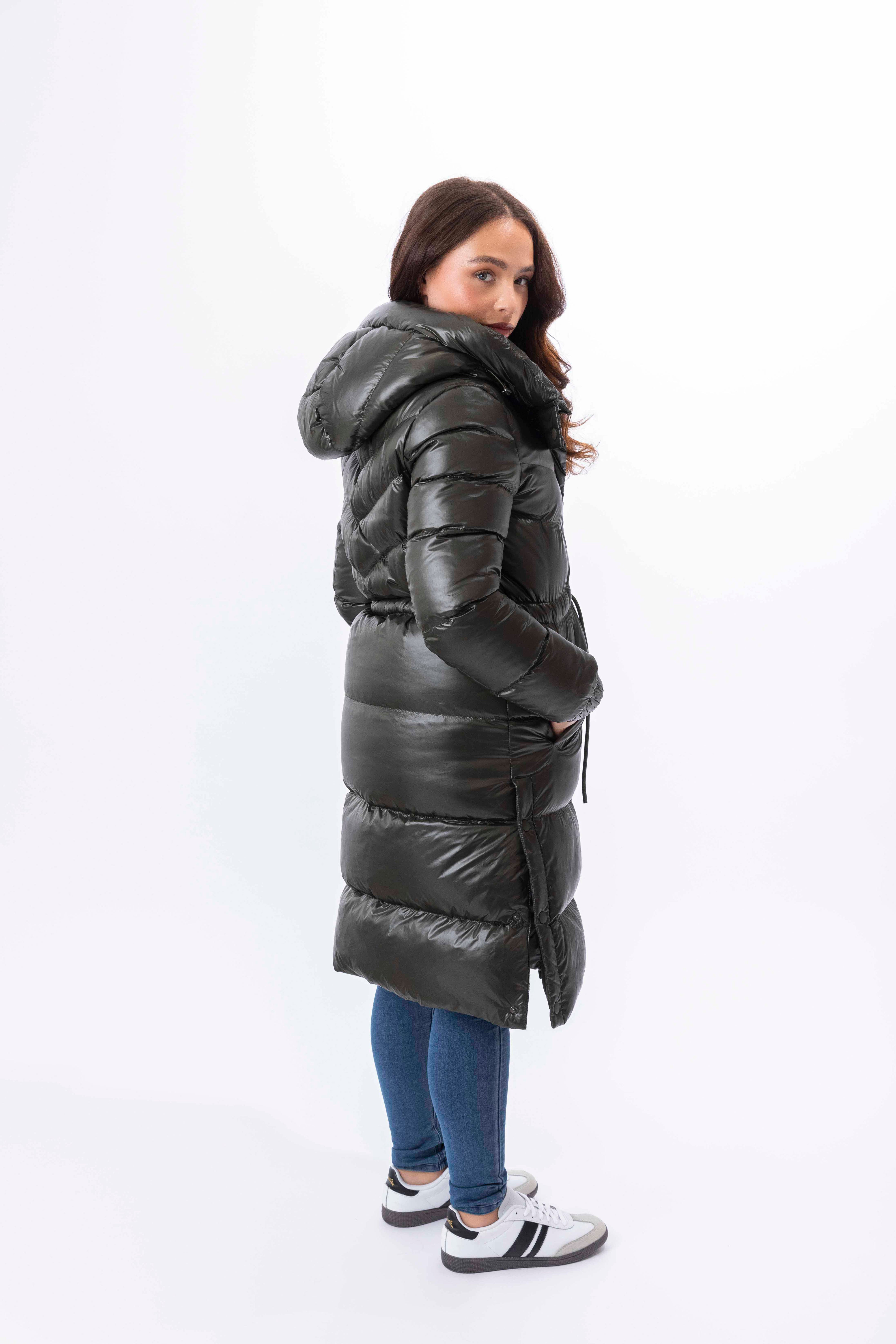 High Sheen Padded Drawstring Waist Hooded Puffer Coat