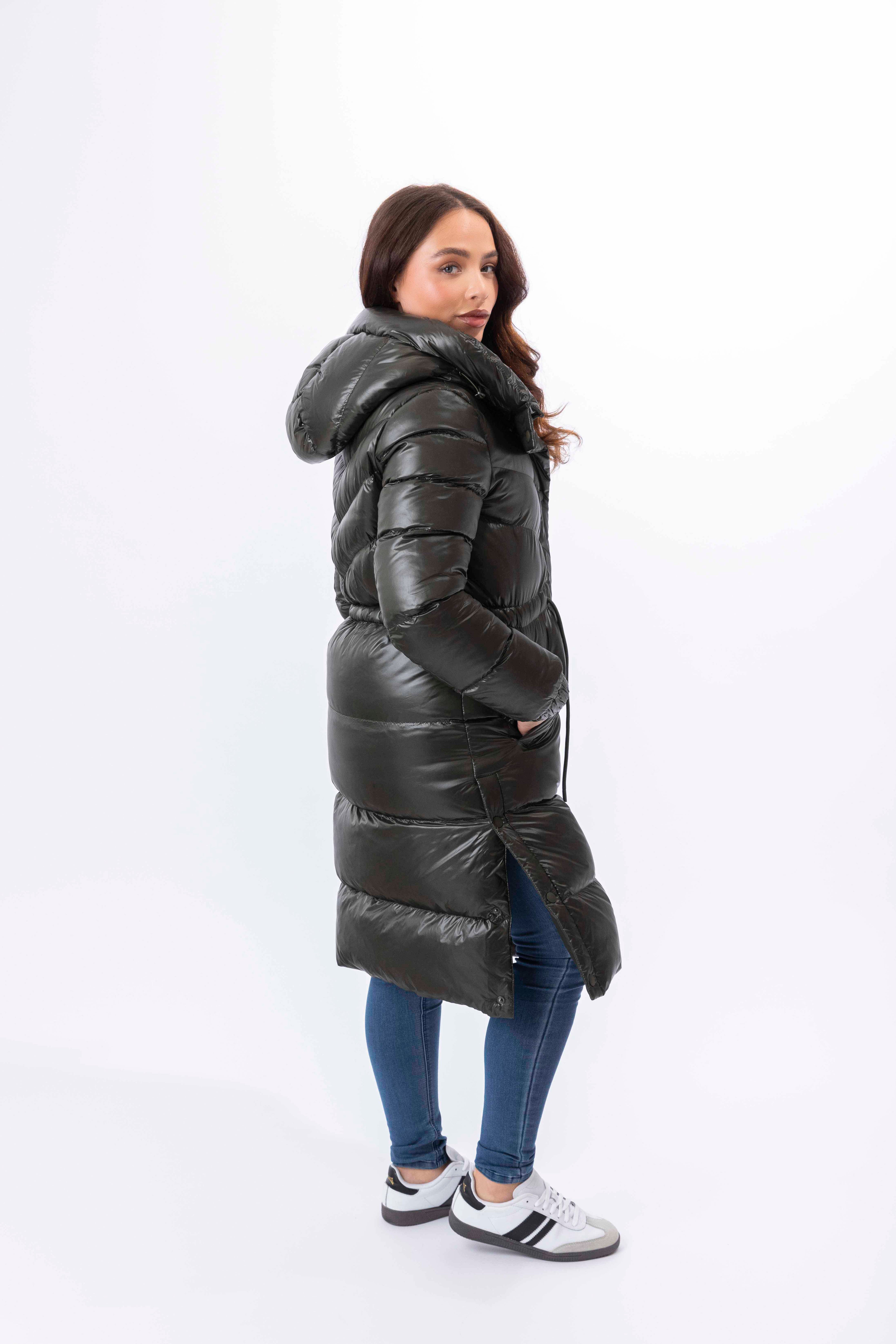 High Sheen Padded Drawstring Waist Hooded Puffer Coat