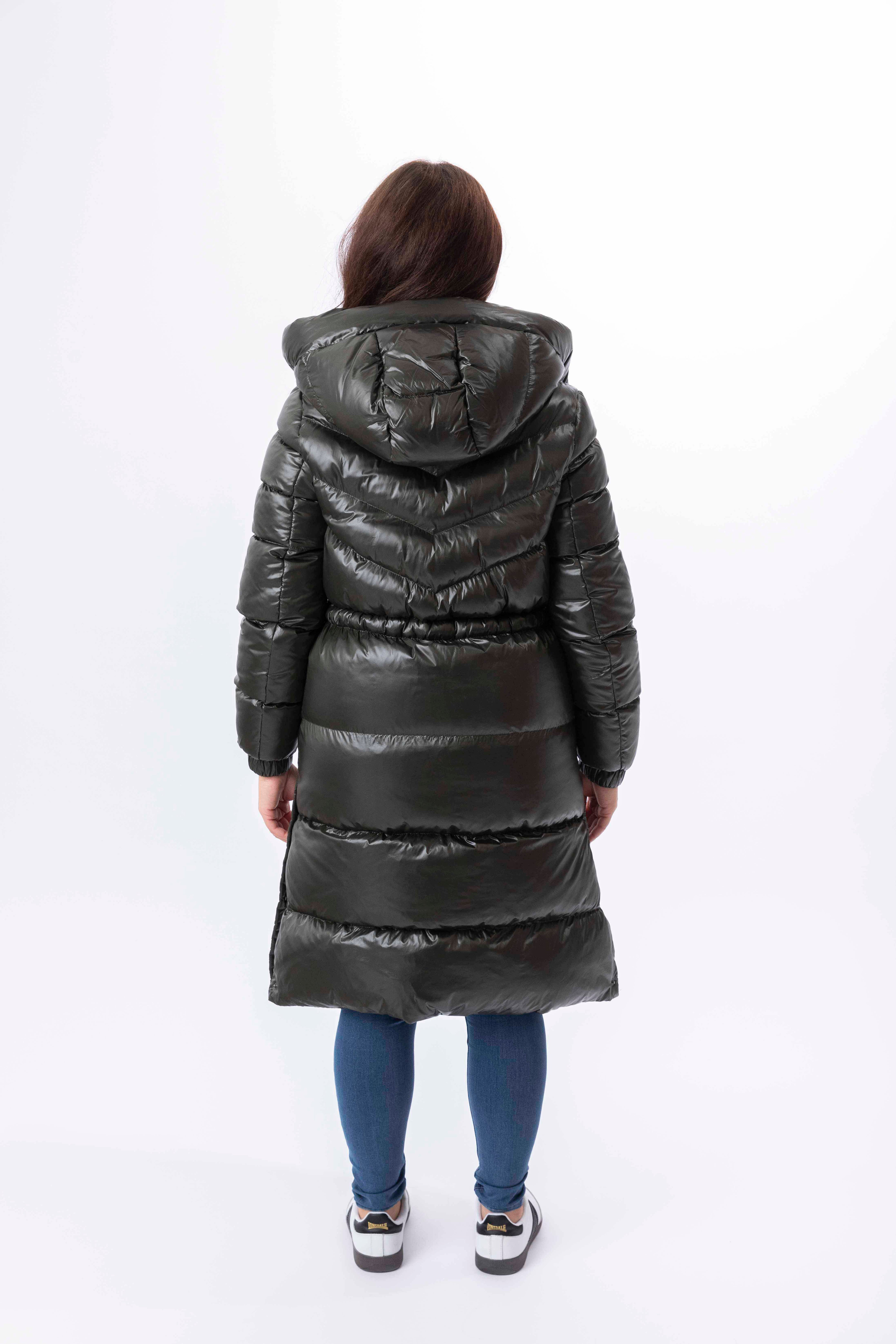 High Sheen Padded Drawstring Waist Hooded Puffer Coat