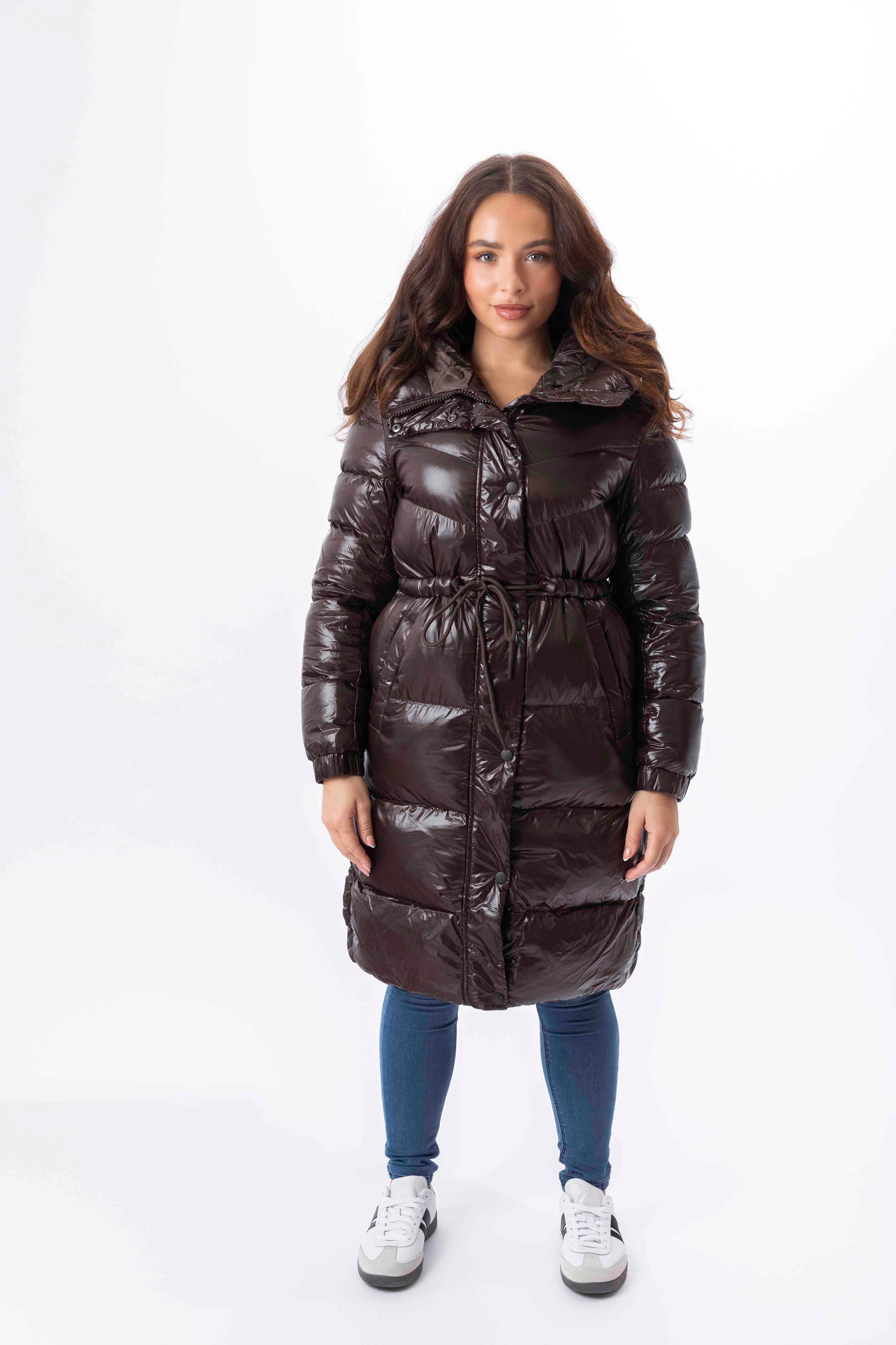 High Sheen Padded Drawstring Waist Hooded Puffer Coat