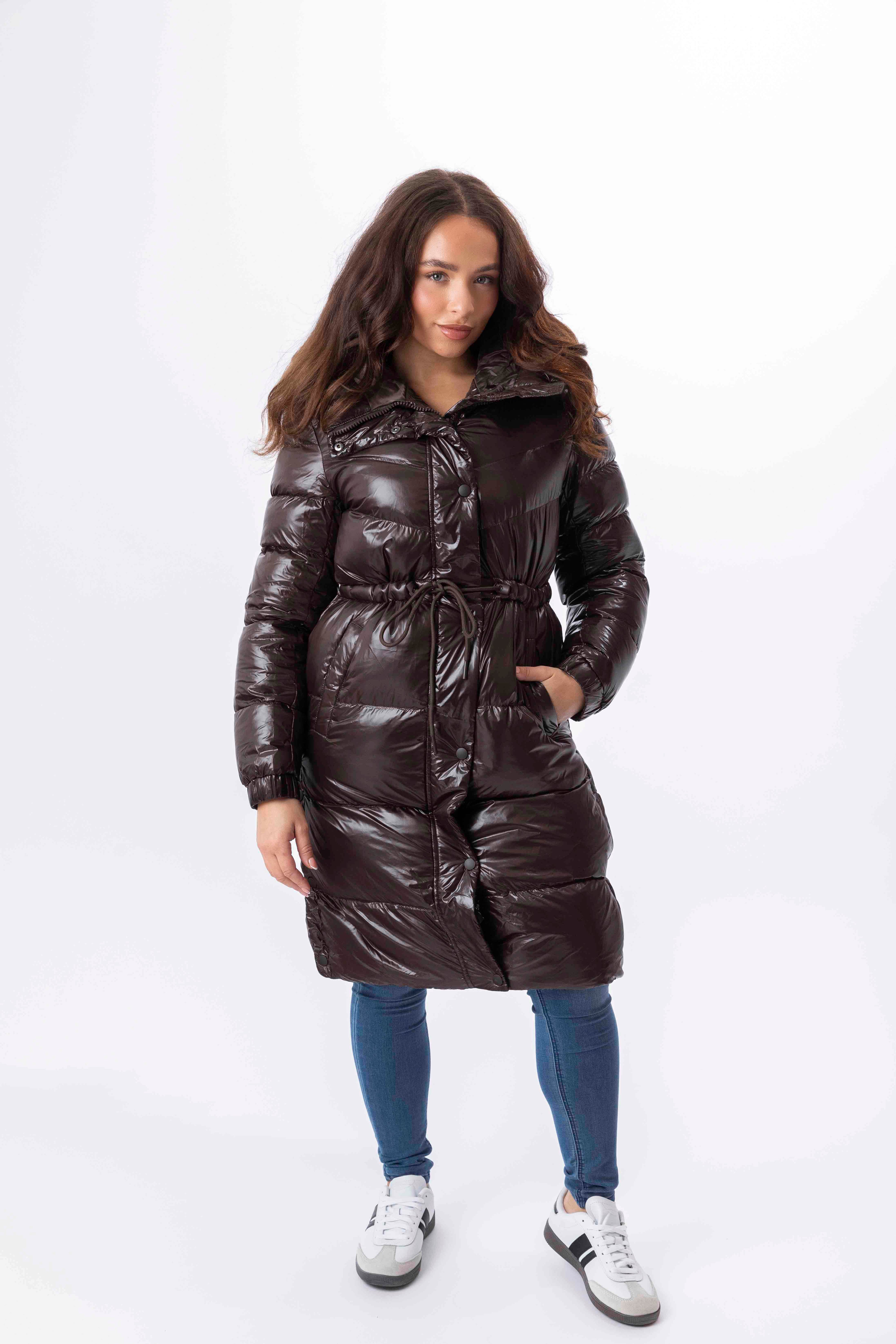 High Sheen Padded Drawstring Waist Hooded Puffer Coat