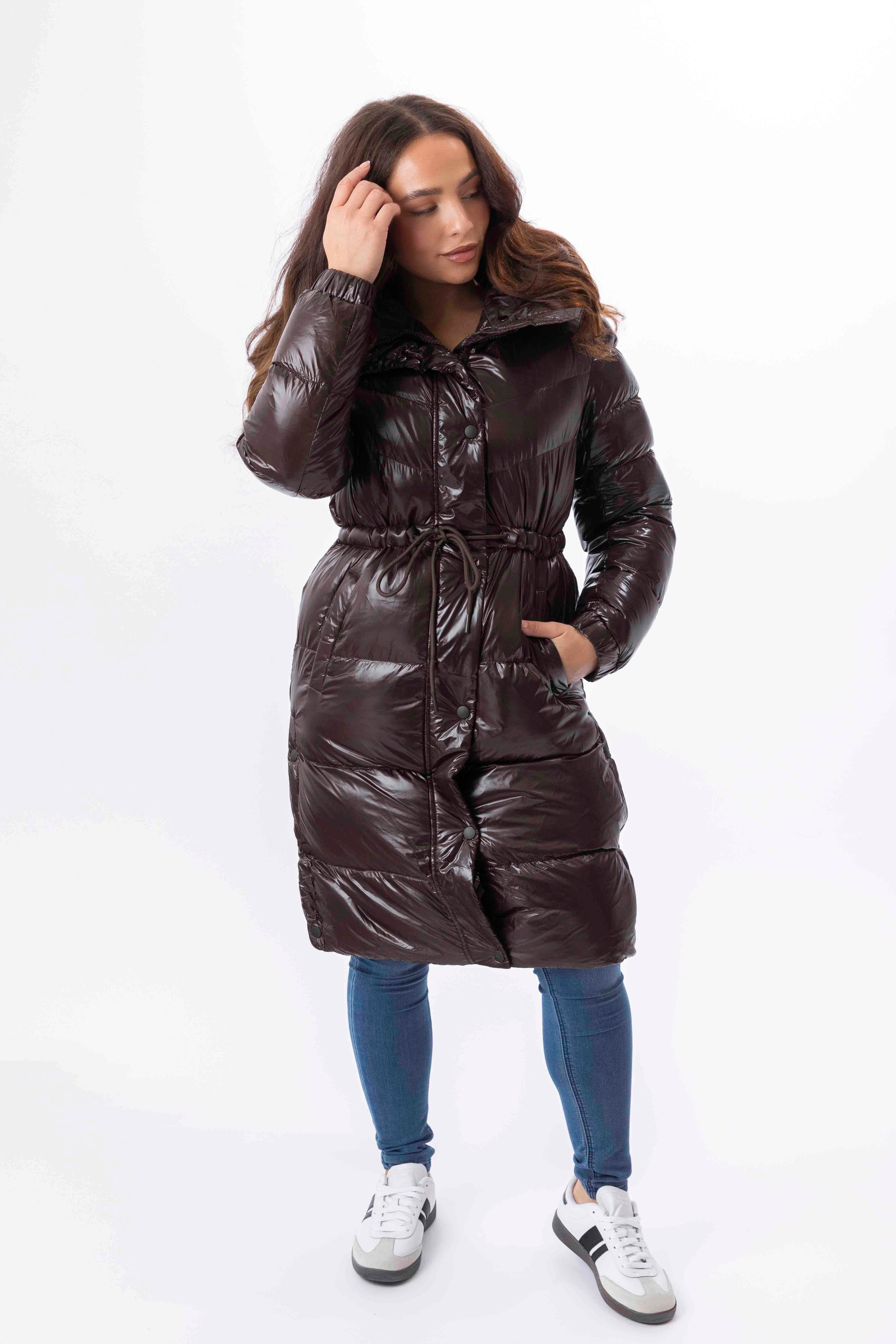 High Sheen Padded Drawstring Waist Hooded Puffer Coat