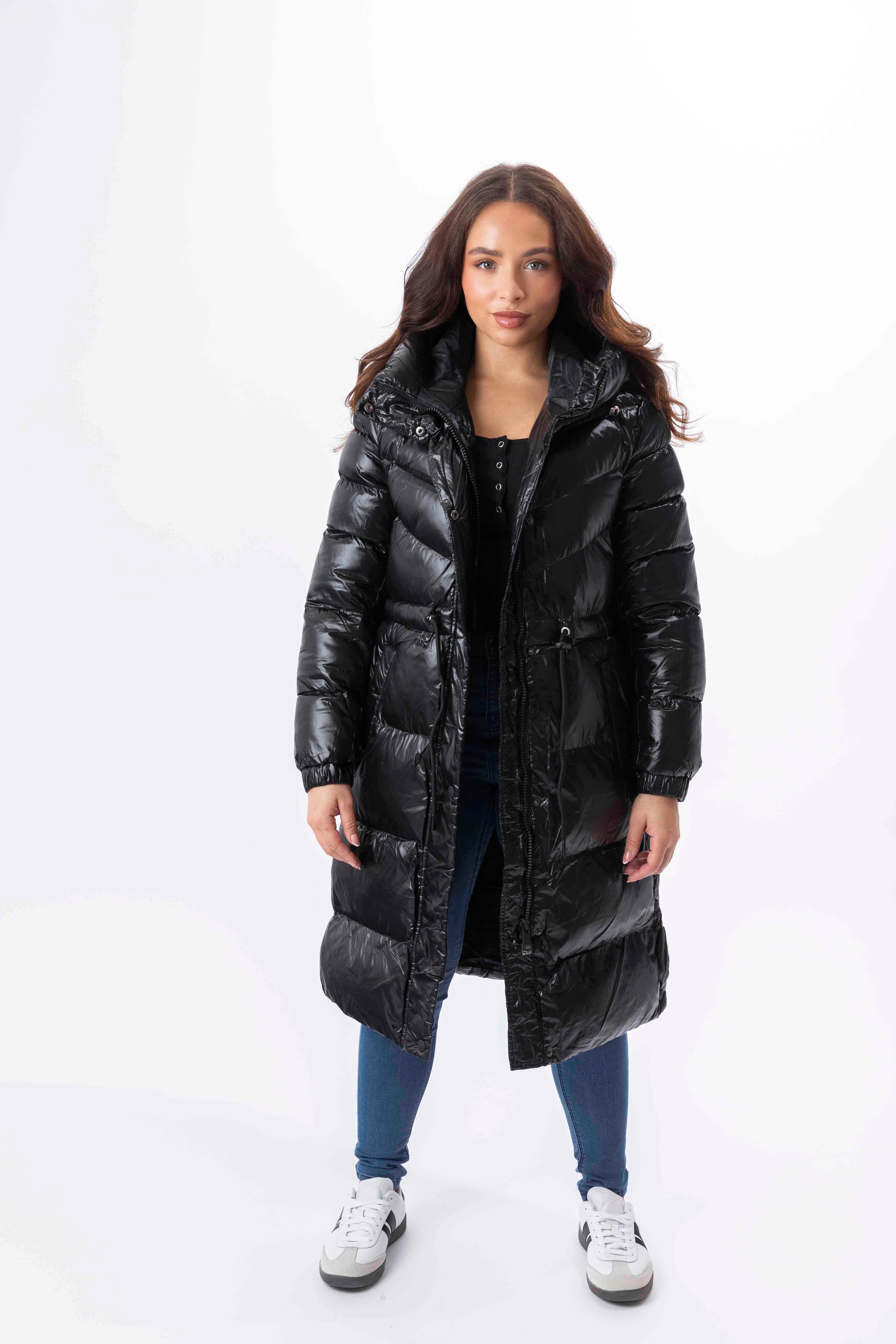 High Sheen Padded Drawstring Waist Hooded Puffer Coat