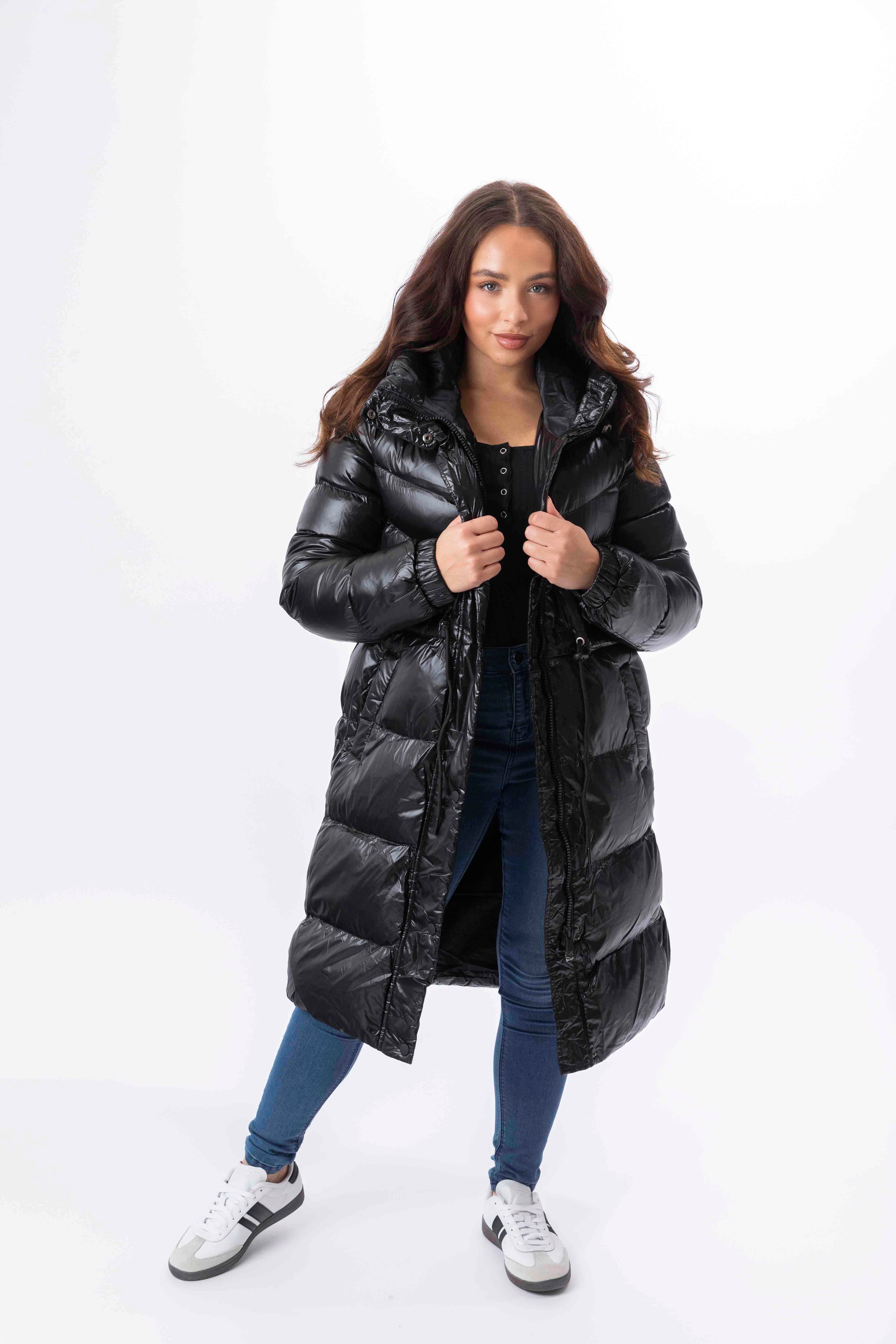 High Sheen Padded Drawstring Waist Hooded Puffer Coat