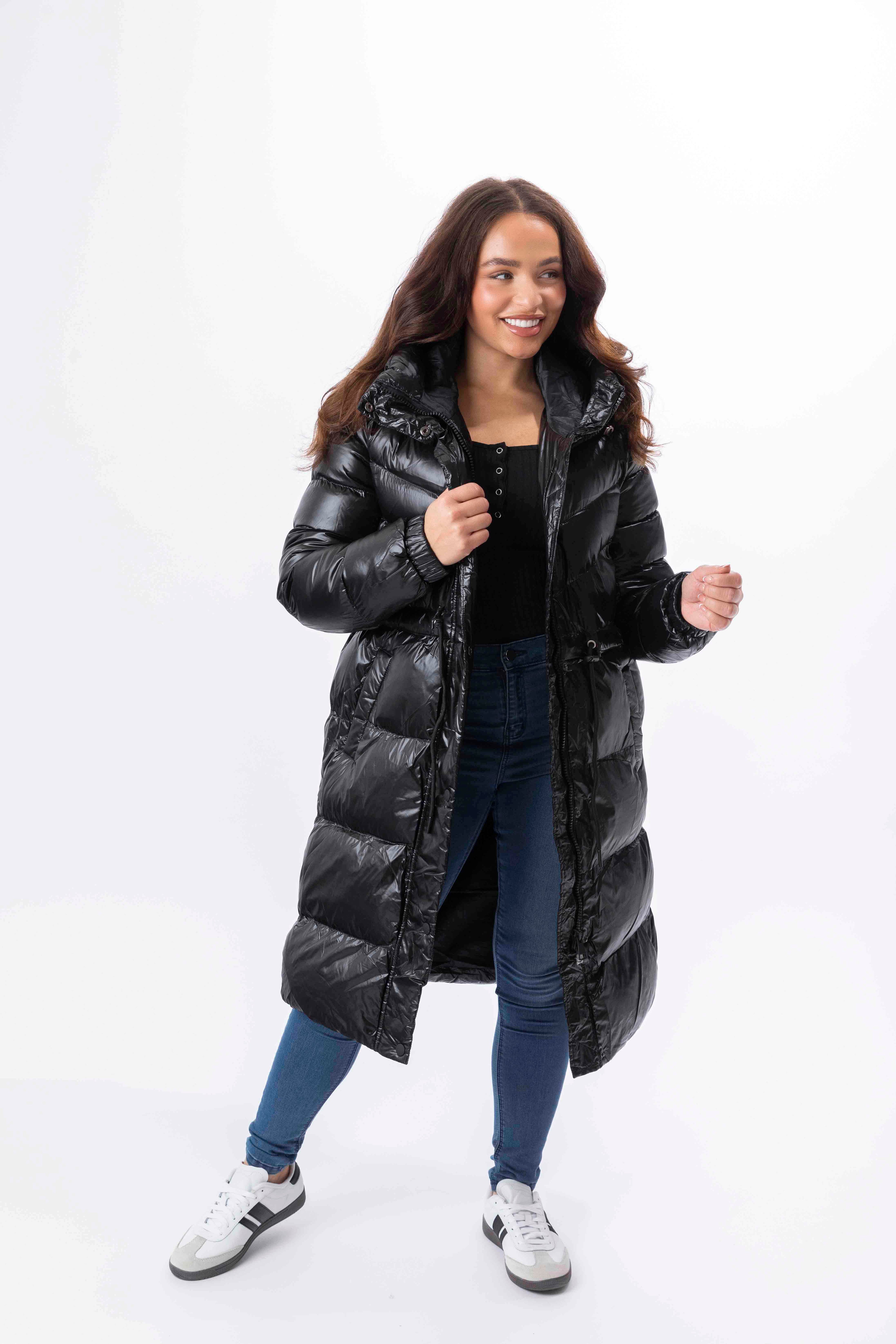 High Sheen Padded Drawstring Waist Hooded Puffer Coat