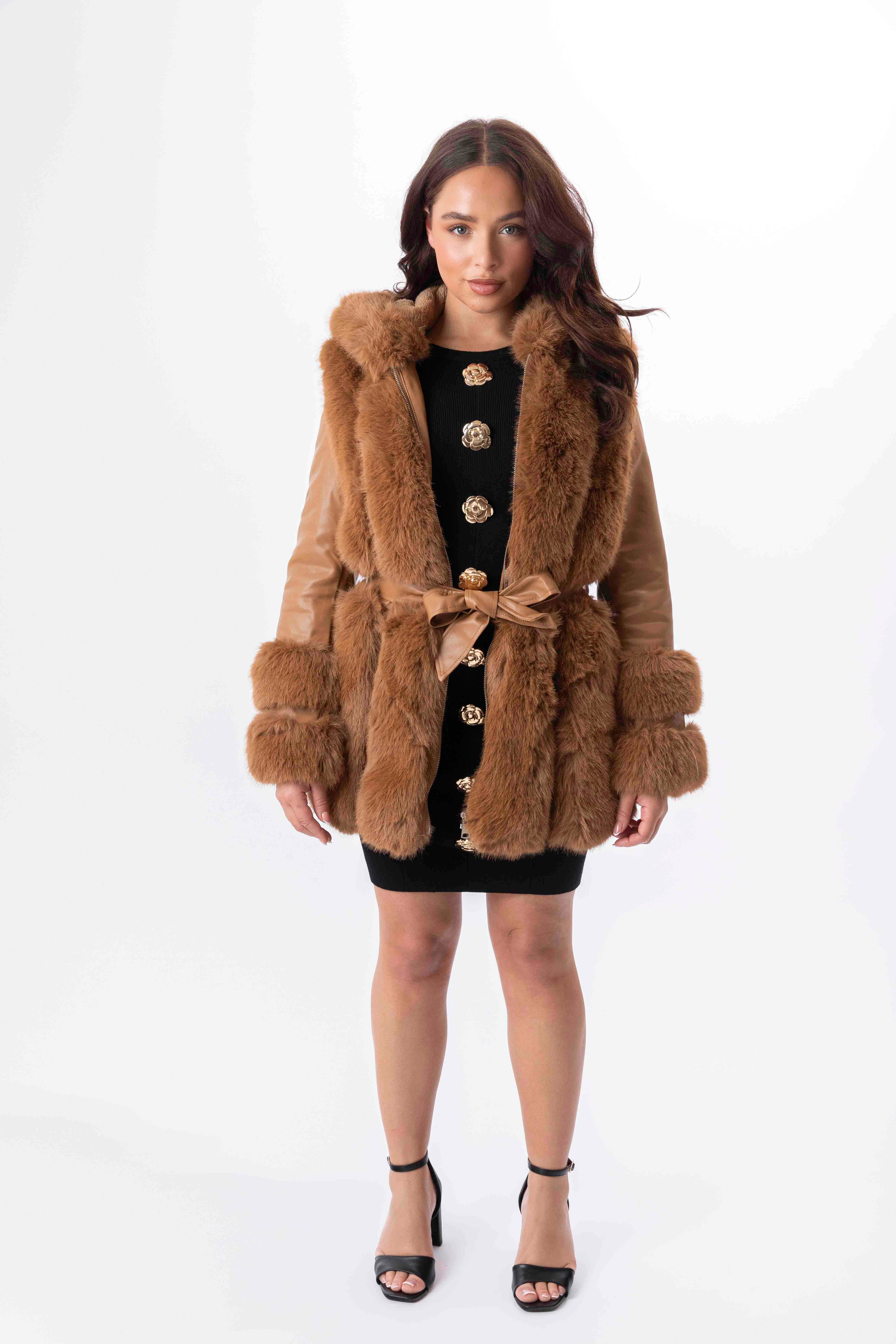 Faux Fur Trim And Vegan Leather Hooded Belted Fleeced Lining Jacket