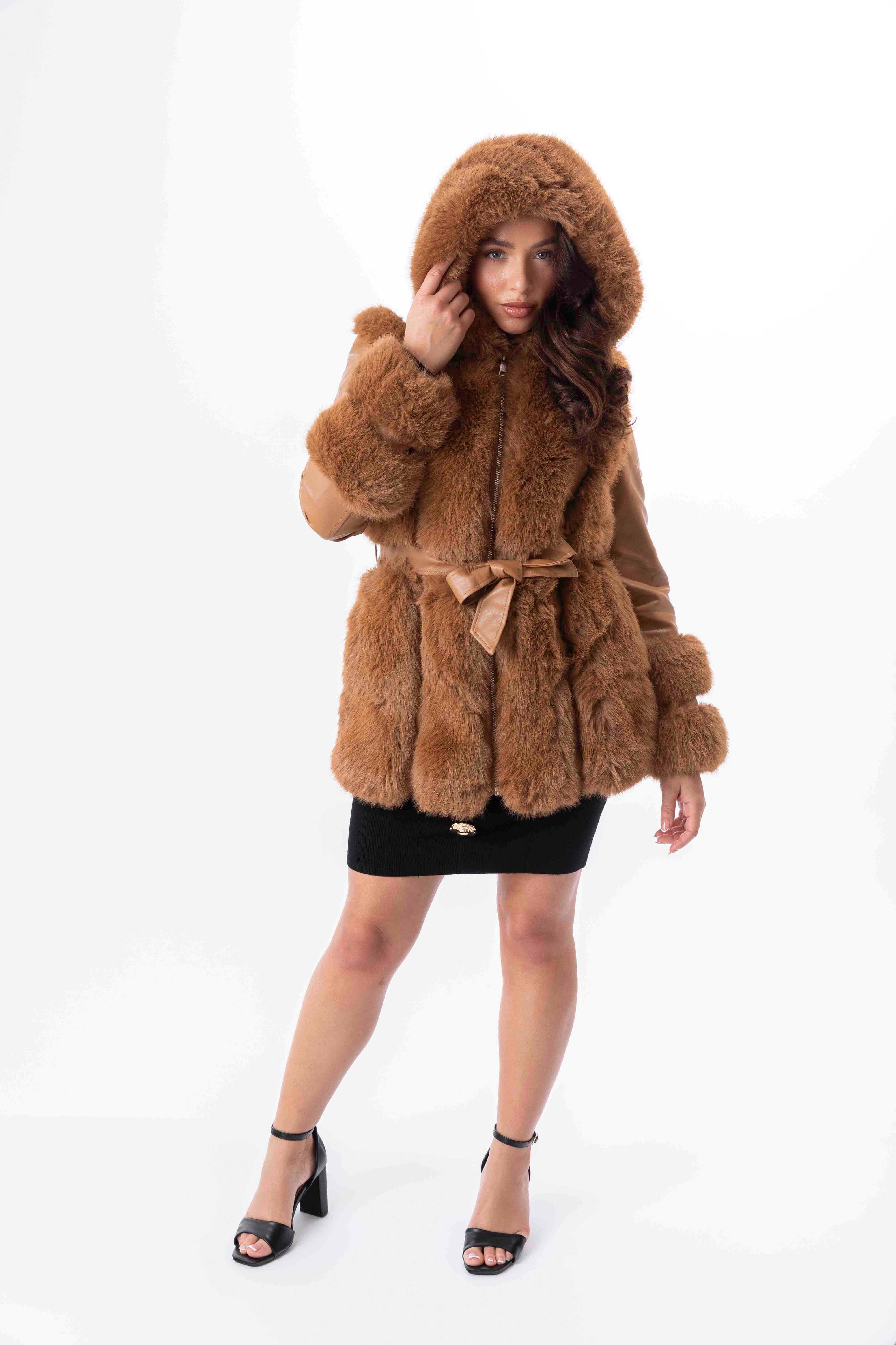 Faux Fur Trim And Vegan Leather Hooded Belted Fleeced Lining Jacket