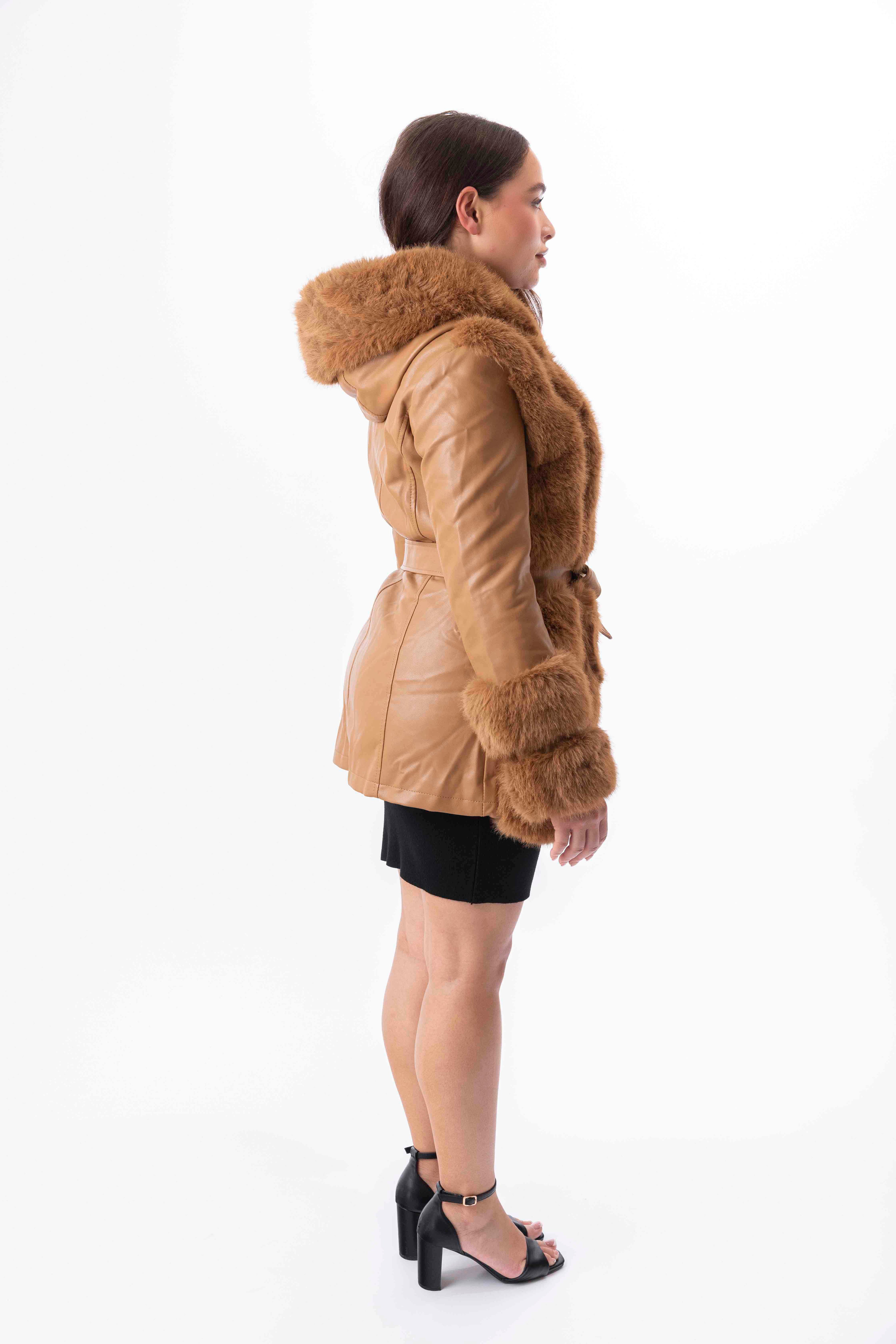 Faux Fur Trim And Vegan Leather Hooded Belted Fleeced Lining Jacket