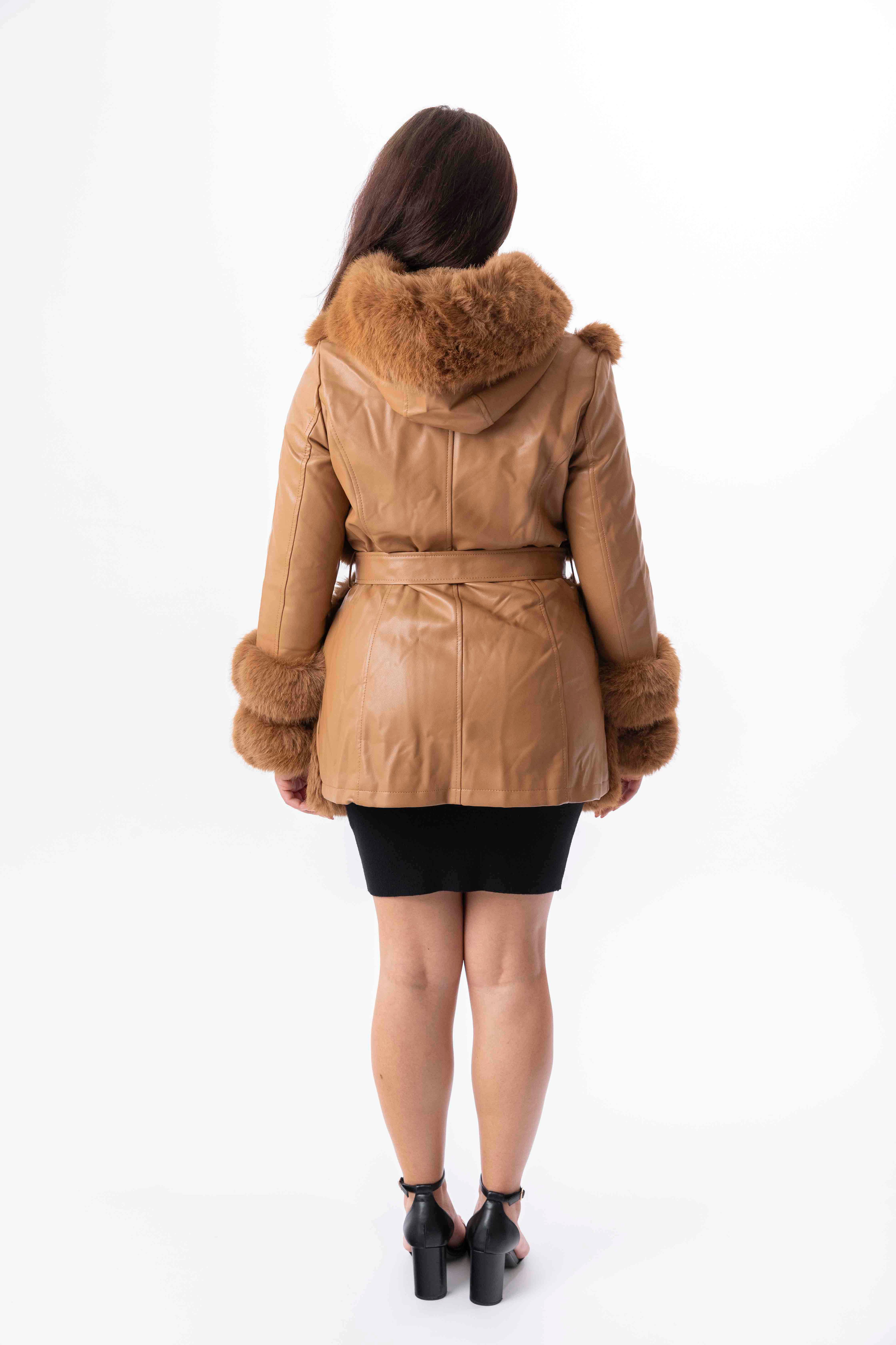 Faux Fur Trim And Vegan Leather Hooded Belted Fleeced Lining Jacket