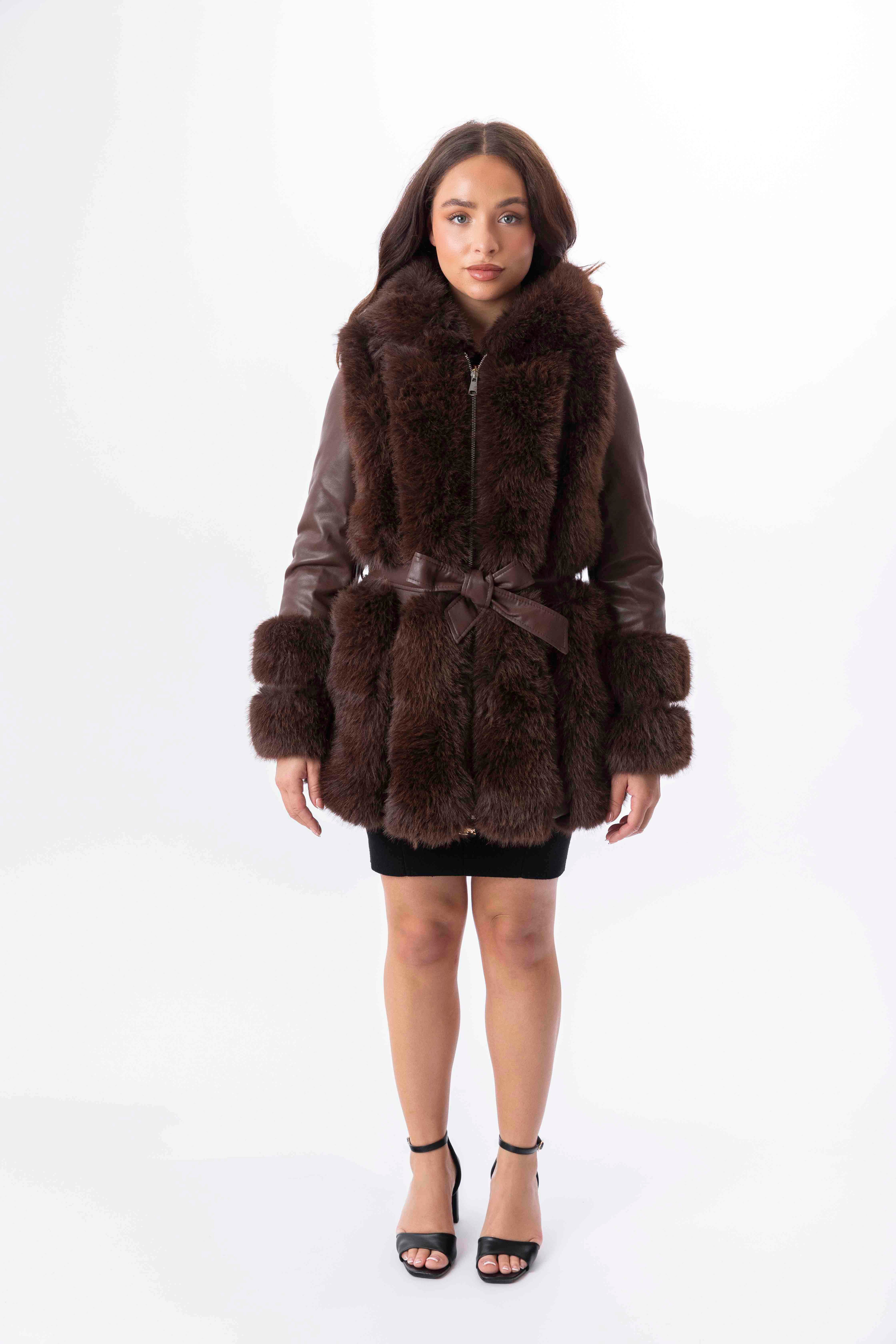 Faux Fur Trim And Vegan Leather Hooded Belted Fleeced Lining Jacket