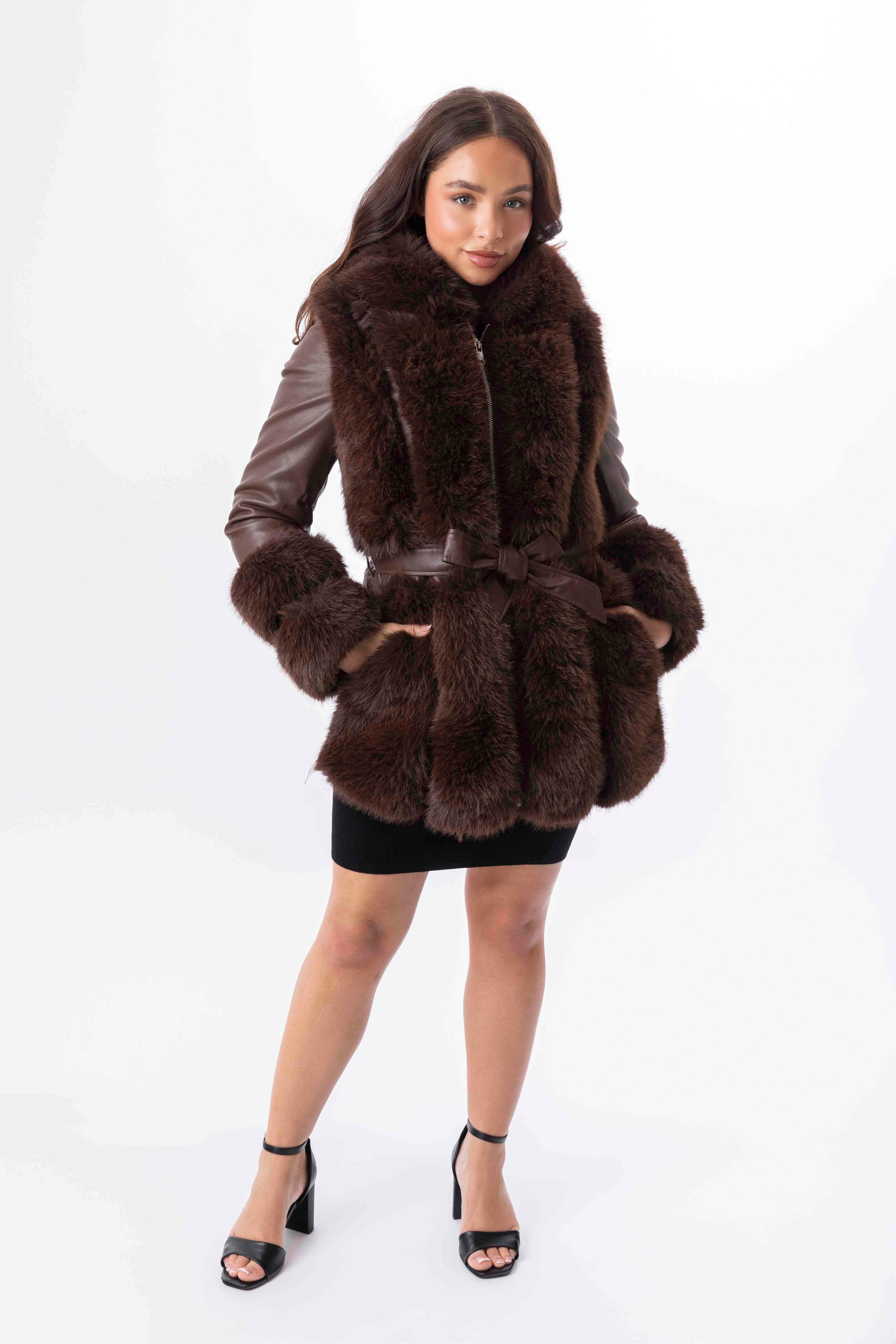 Faux Fur Trim And Vegan Leather Hooded Belted Fleeced Lining Jacket