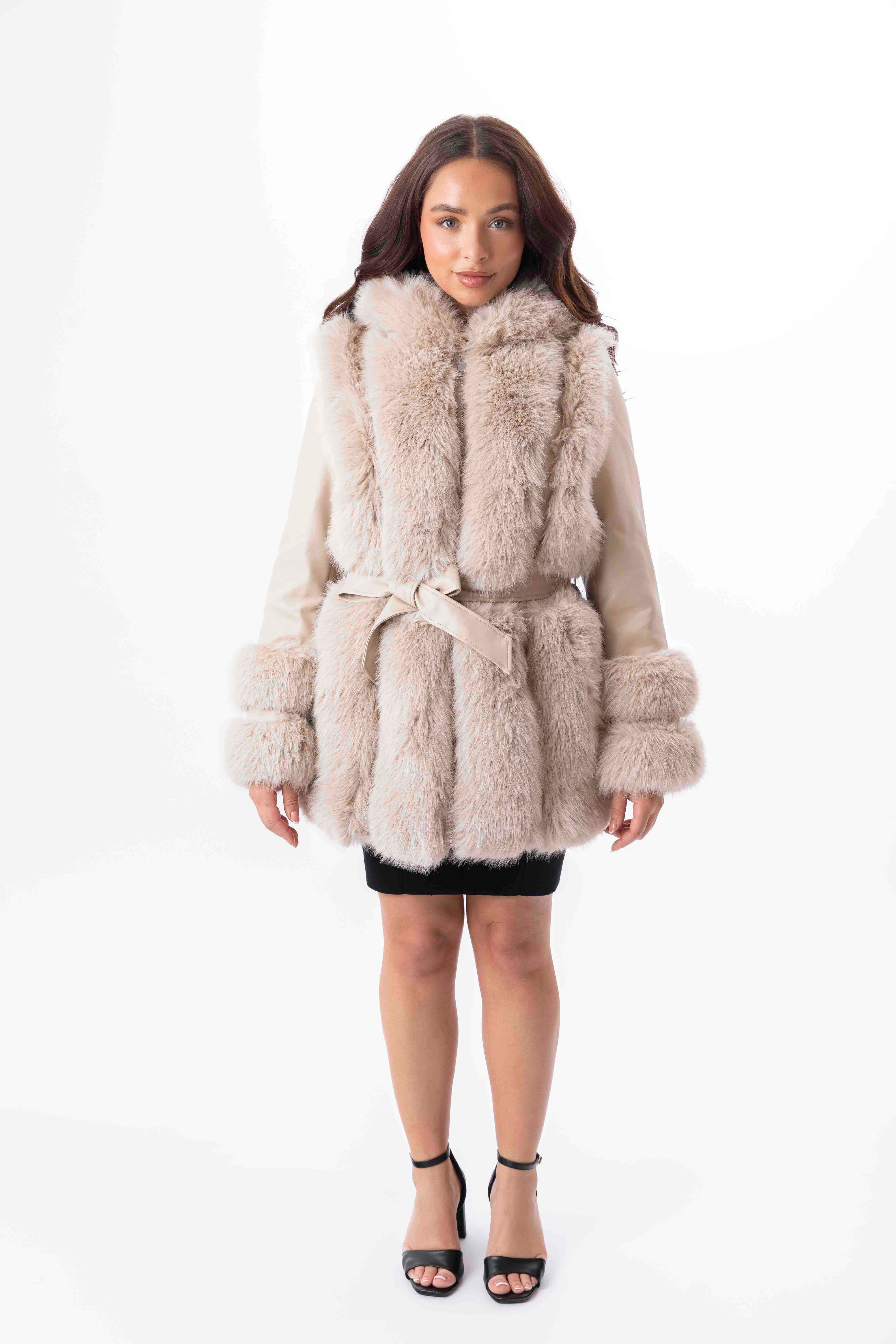 Faux Fur Trim And Vegan Leather Hooded Belted Fleeced Lining Jacket