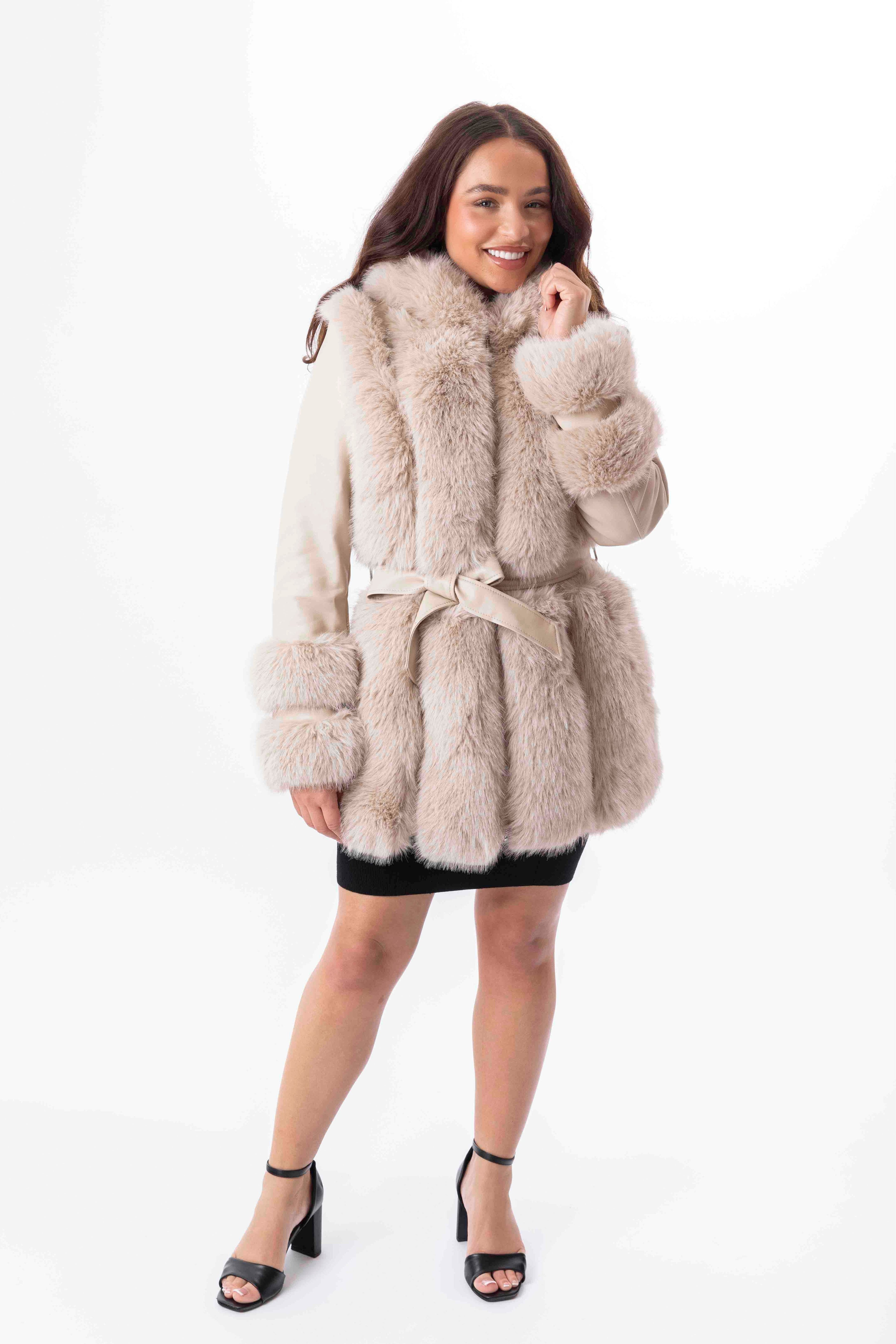 Faux Fur Trim And Vegan Leather Hooded Belted Fleeced Lining Jacket