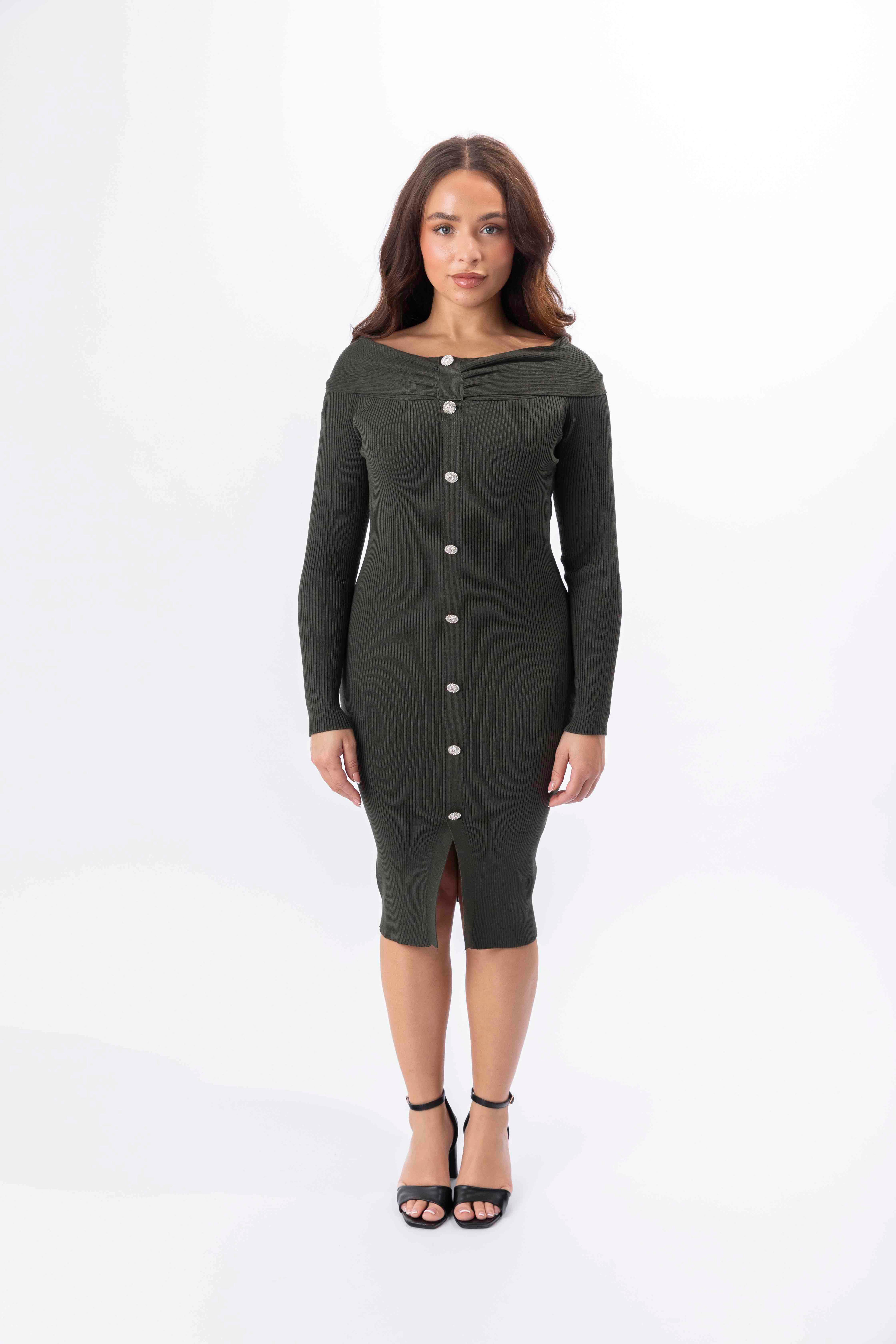 Off Shoulder Long Sleeve Button Detail Viscose Ribbed Knit Midi Dress