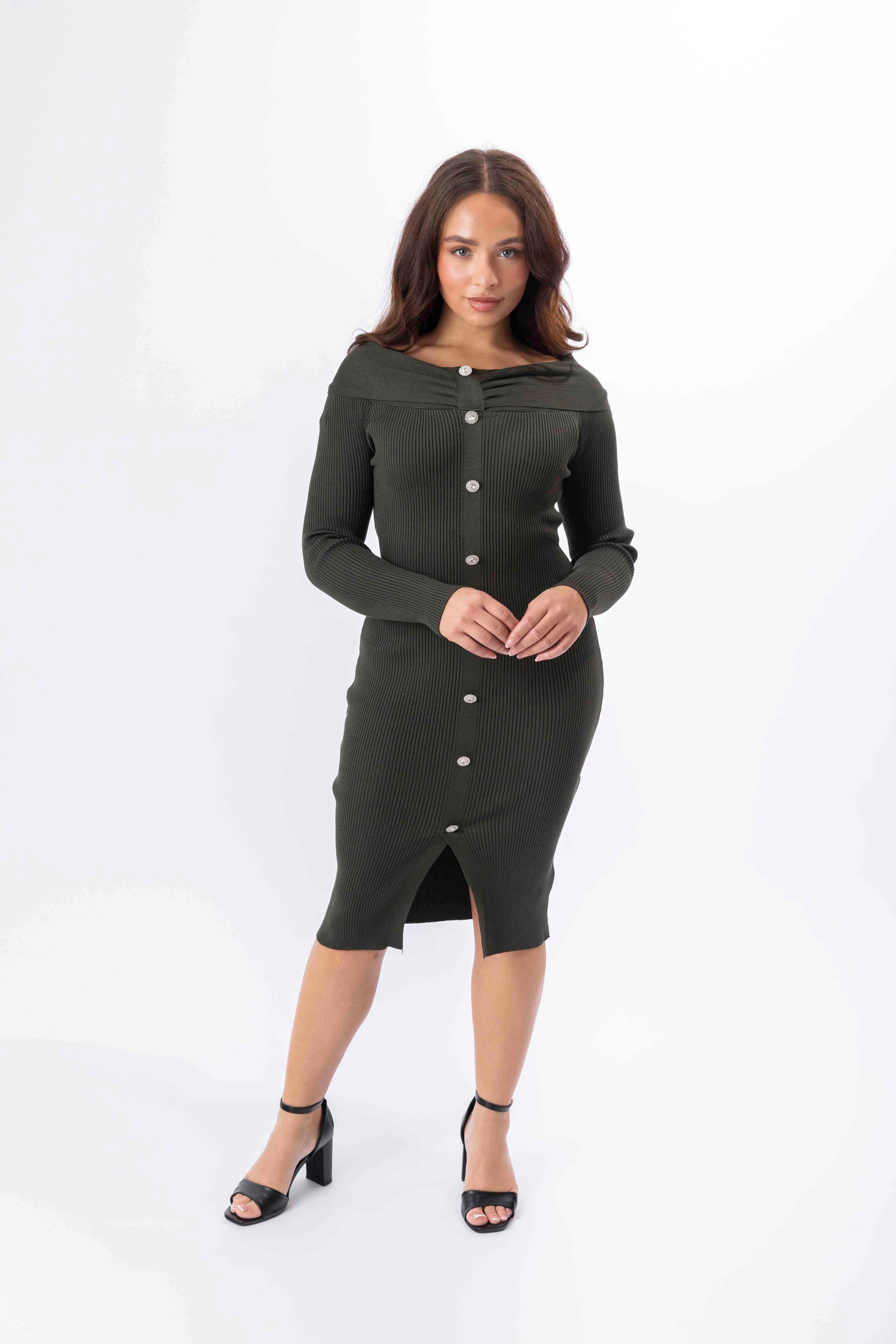 Off Shoulder Long Sleeve Button Detail Viscose Ribbed Knit Midi Dress