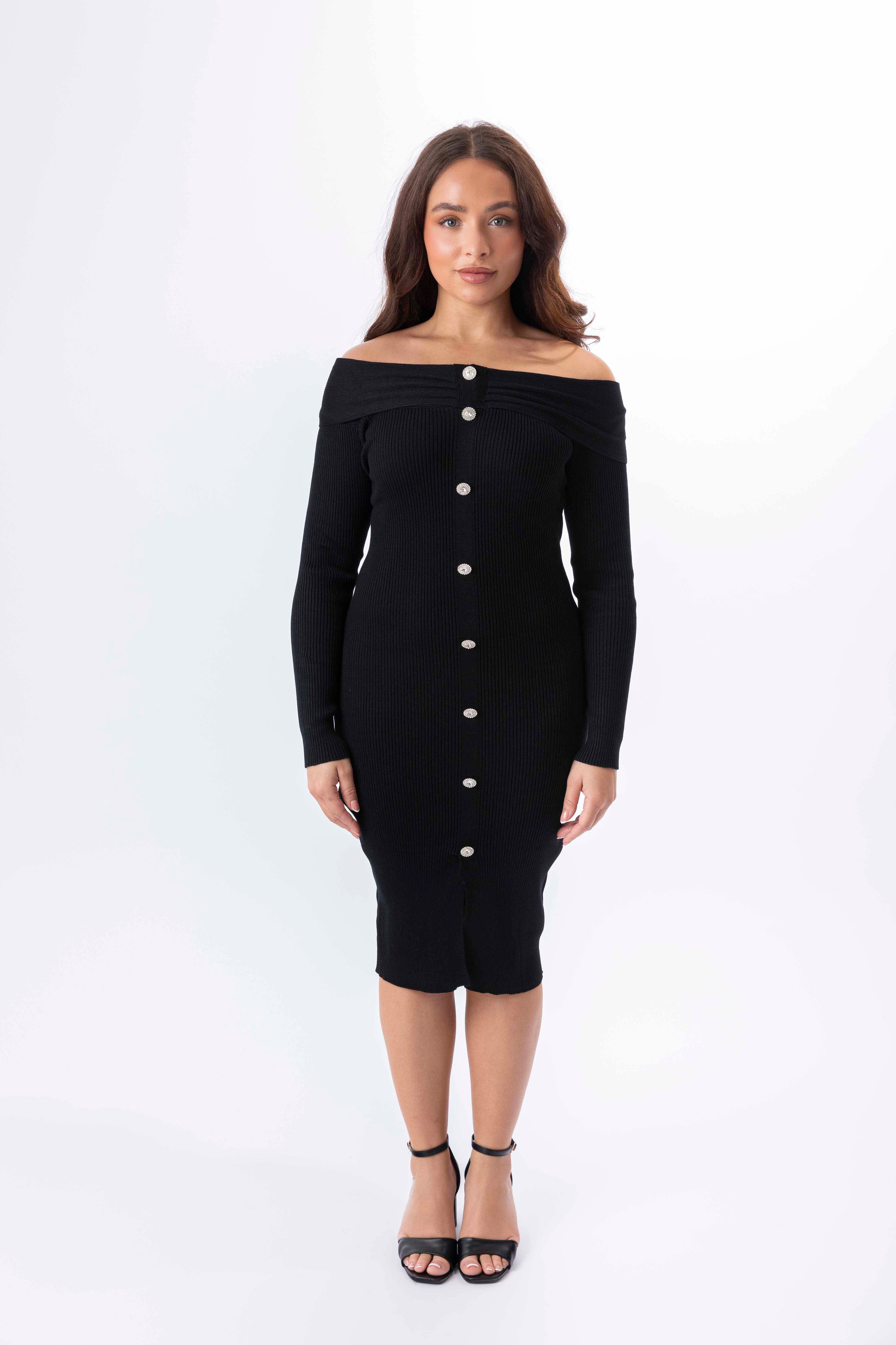 Off Shoulder Long Sleeve Button Detail Viscose Ribbed Knit Midi Dress