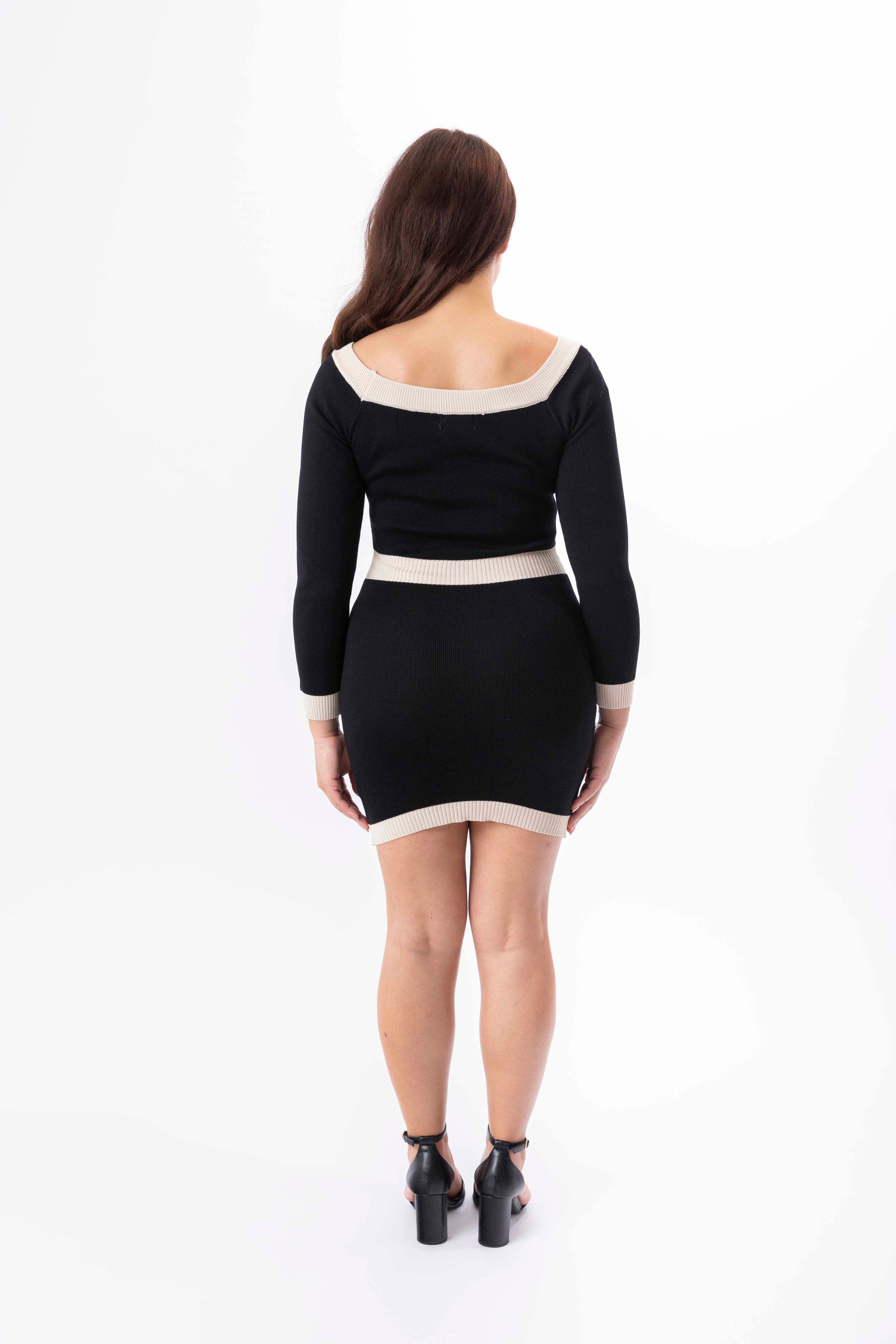 Viscose Blend Button Detail Knitted Colour Block Mini Dress