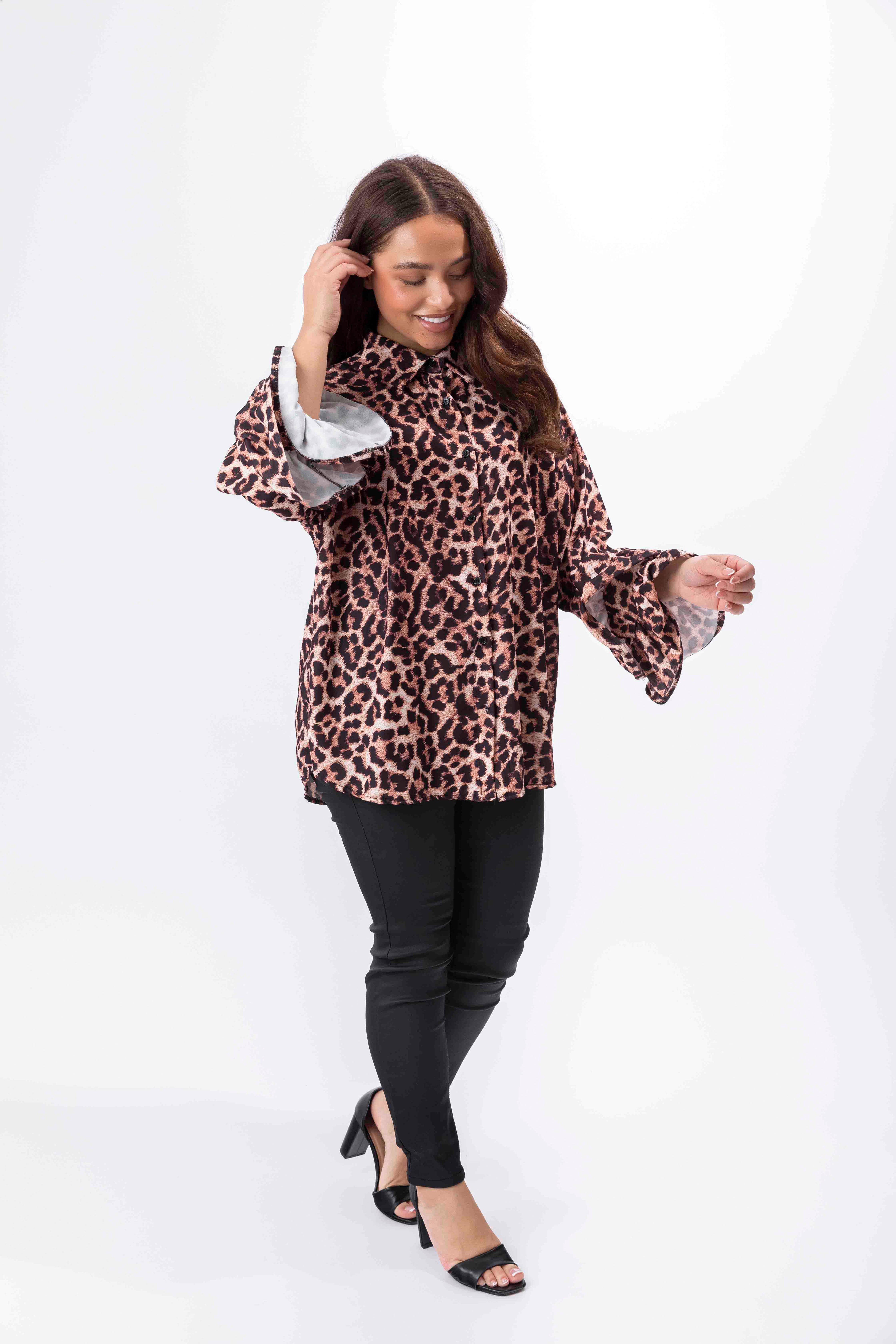 Long Frill Hem Sleeve Elegant Leopard Print Matte Satin Blouse