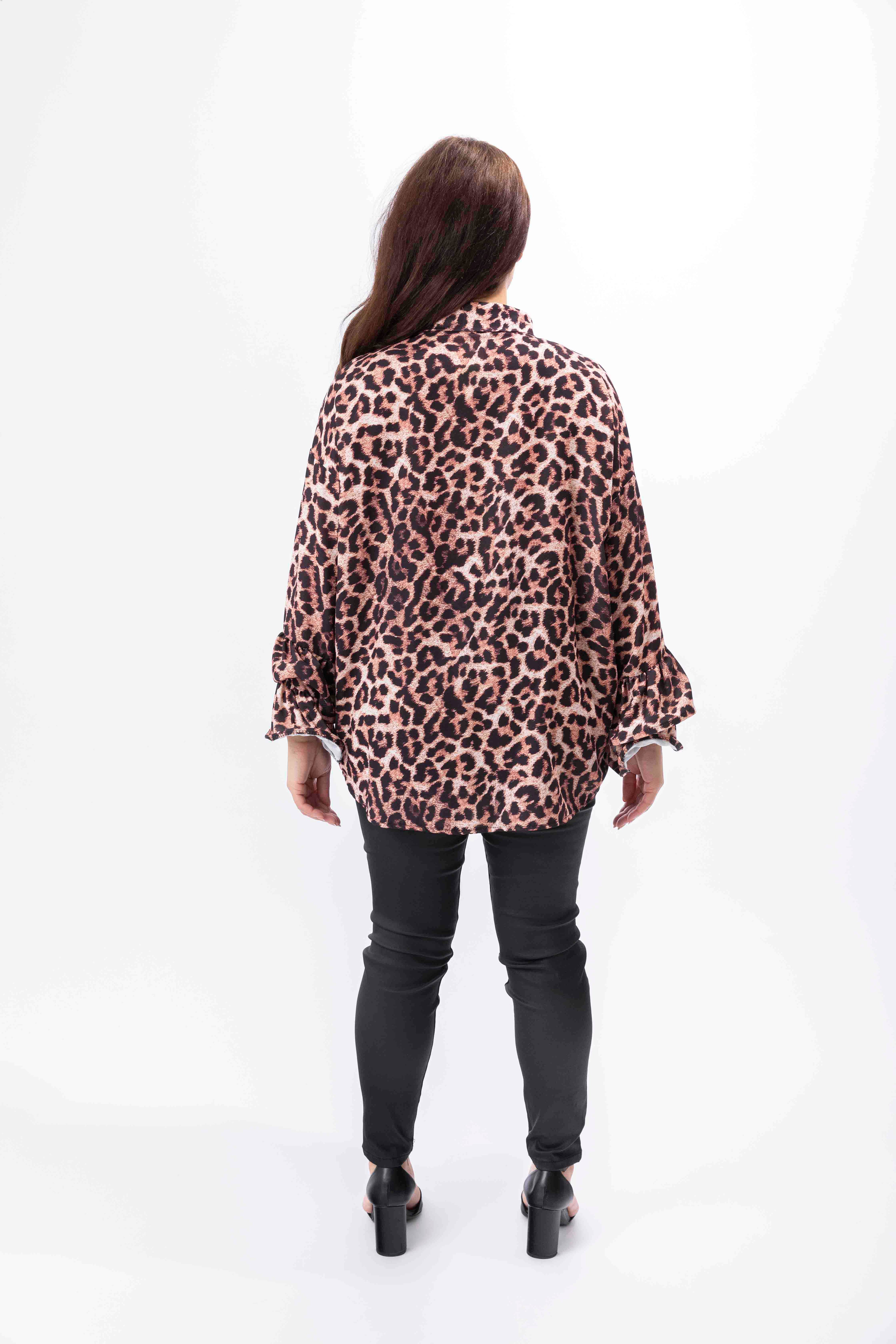 Long Frill Hem Sleeve Elegant Leopard Print Matte Satin Blouse