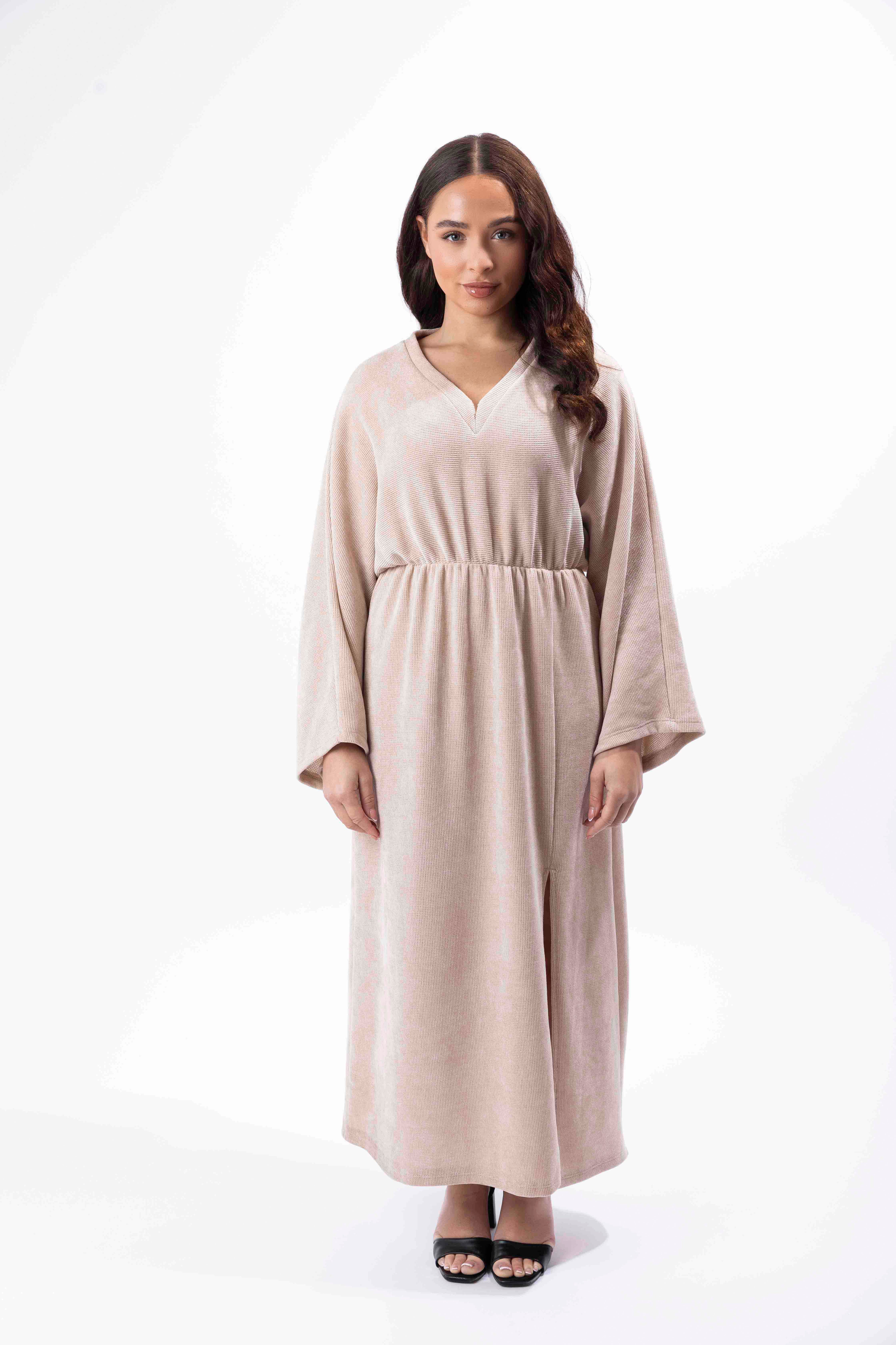 Textured Velour Bat Sleeve Side Slit Long Dress-SinglePrice